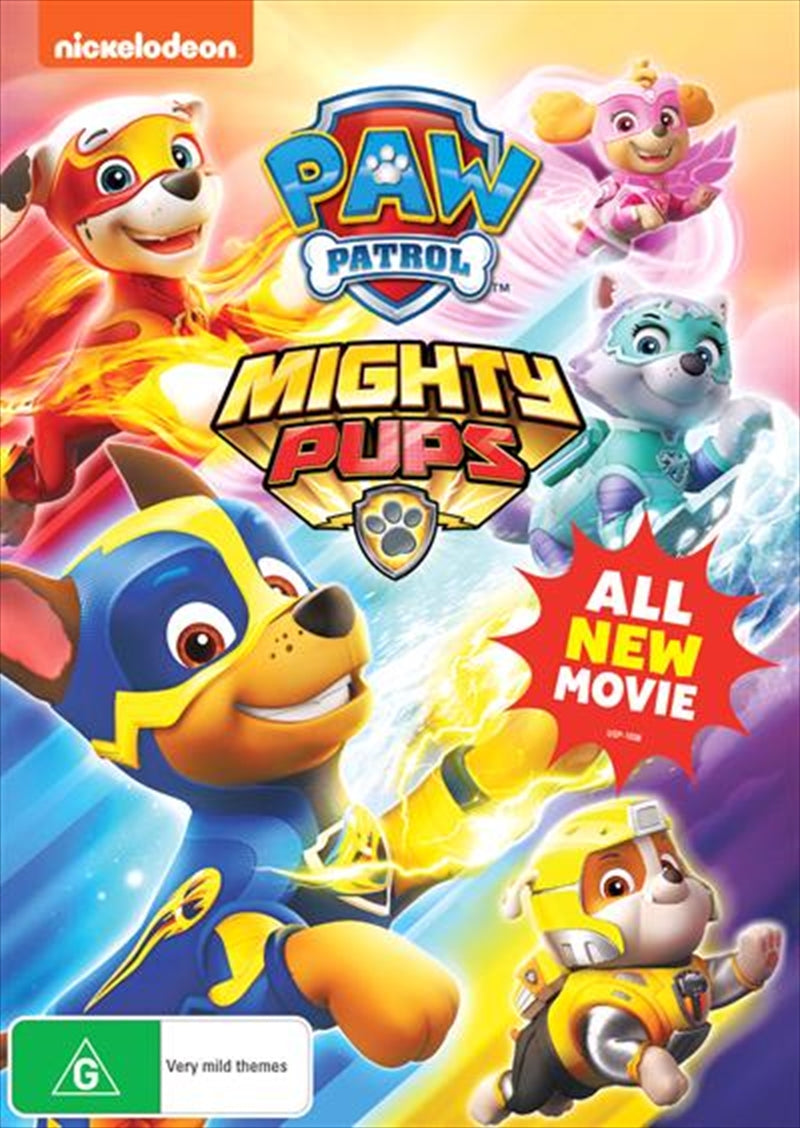 Paw Patrol Mighty Pups DVD cover featuring Ryder and rescue pups in action.