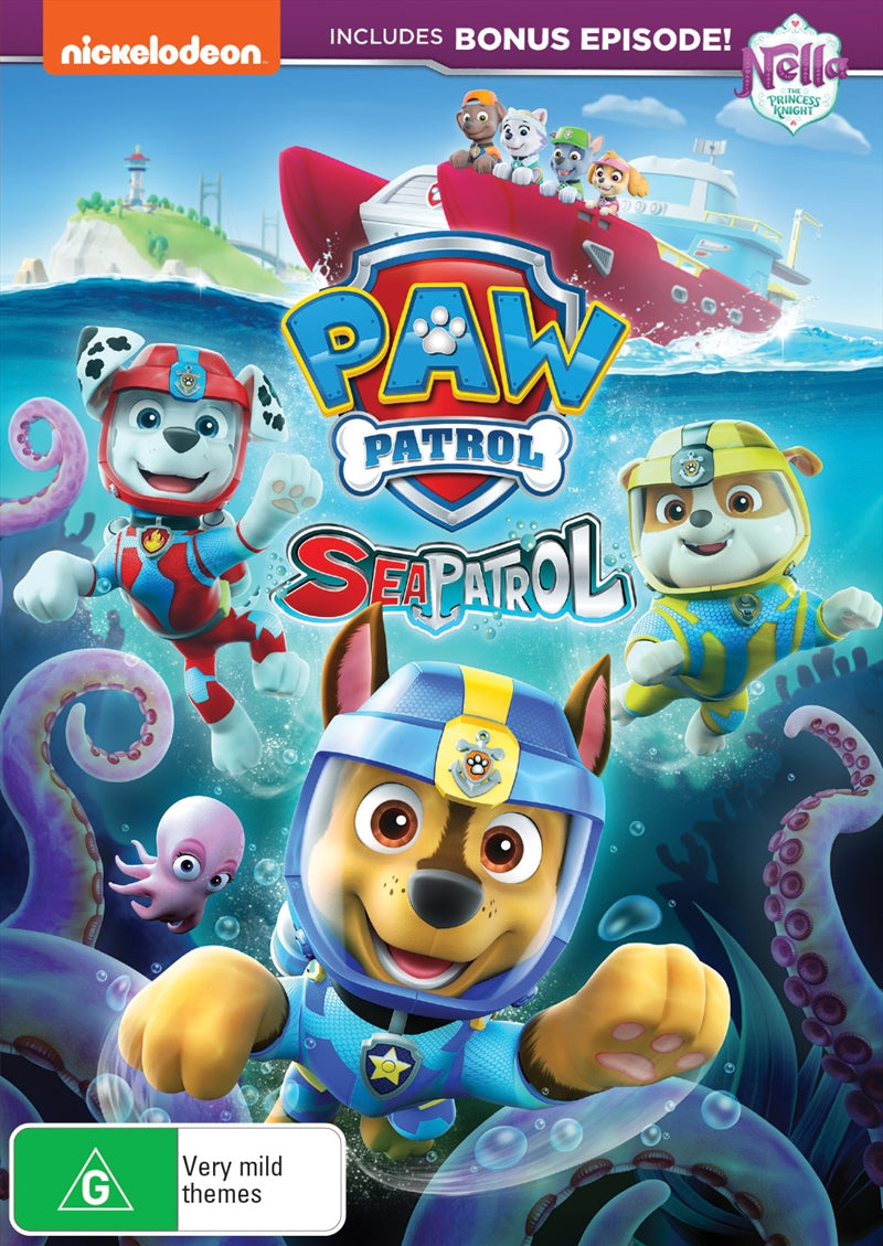 Paw Patrol Sea Patrol DVD cover featuring the pups in their sea gear, ready for underwater adventures.