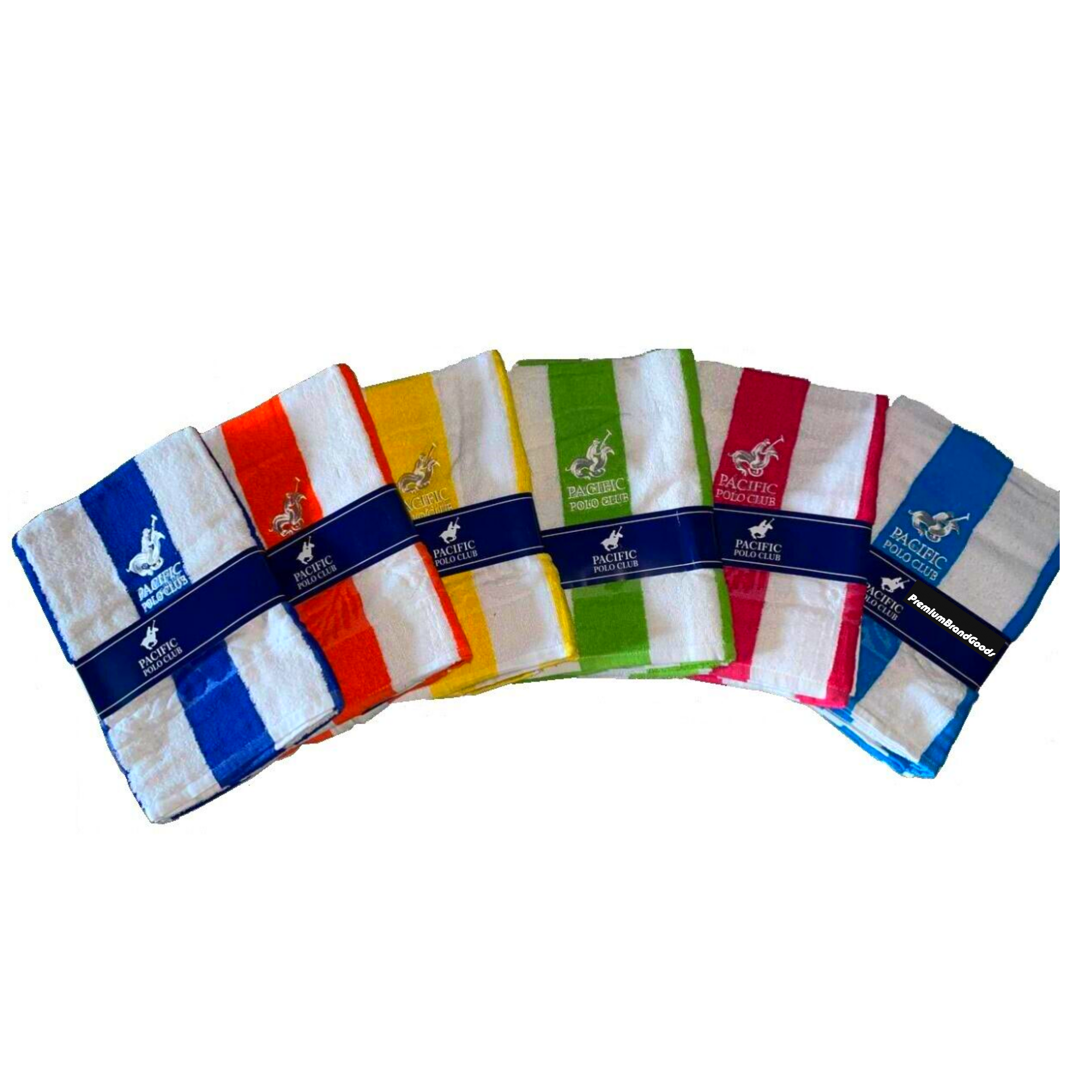 A vibrant 6 pack of PBG Polo Striped 100% Cotton Full Size Towels in assorted colors, perfect for beach and pool use.