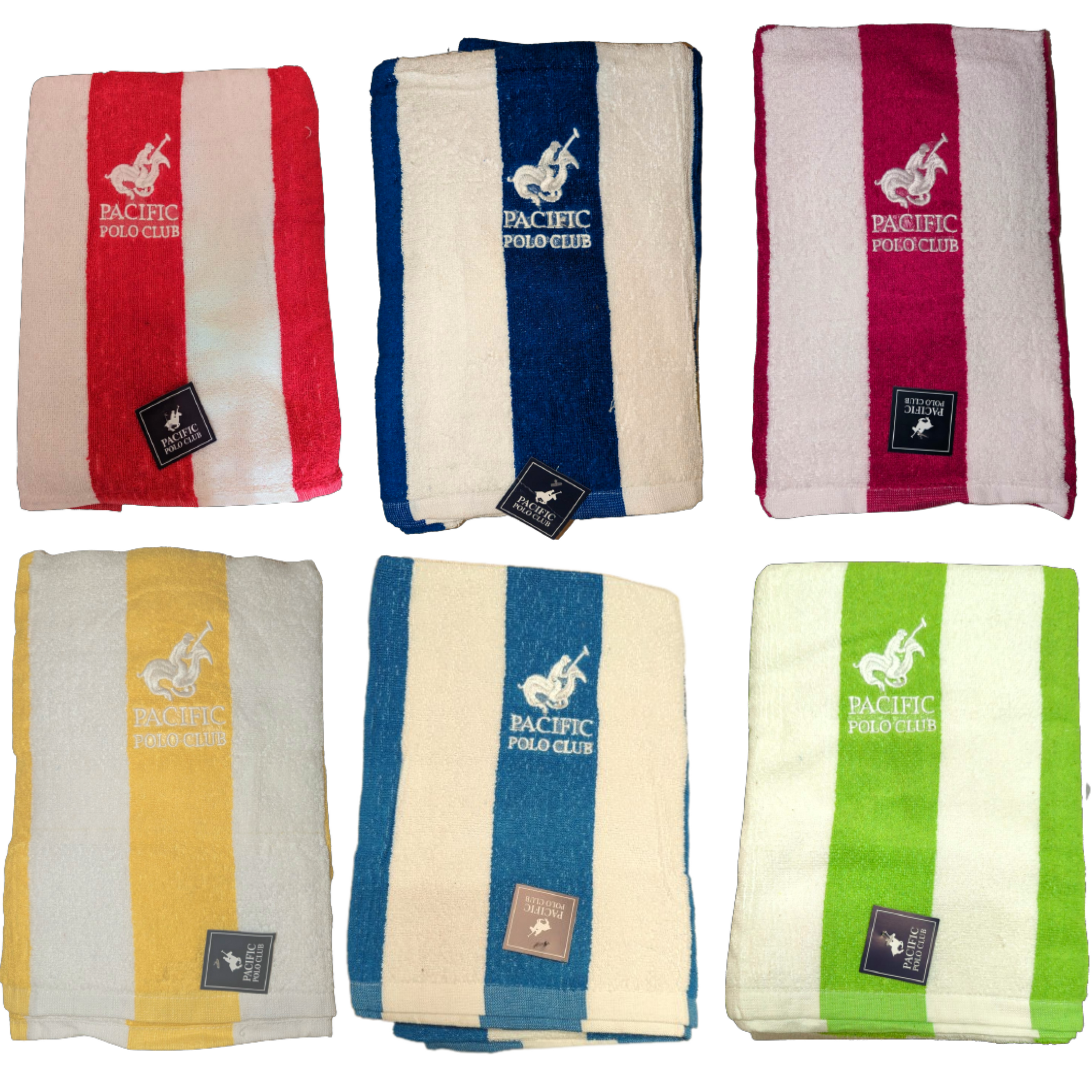 A vibrant 6 pack of PBG Polo Striped 100% Cotton Full Size Towels in assorted colors, perfect for beach and pool use.