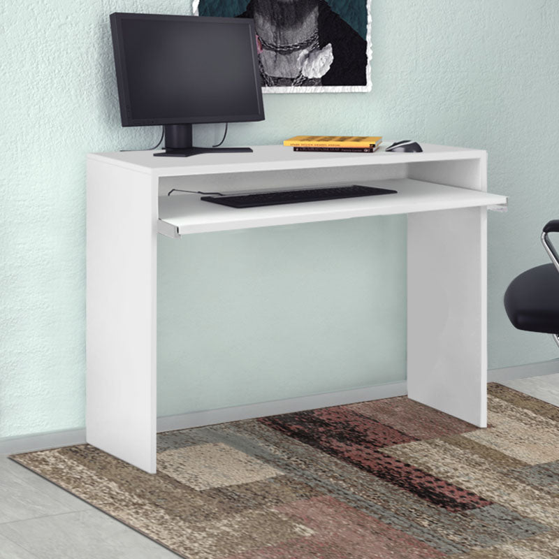 PC Office Desk HULIO in white melamine, featuring a sleek design and compact dimensions, suitable for home and office use.