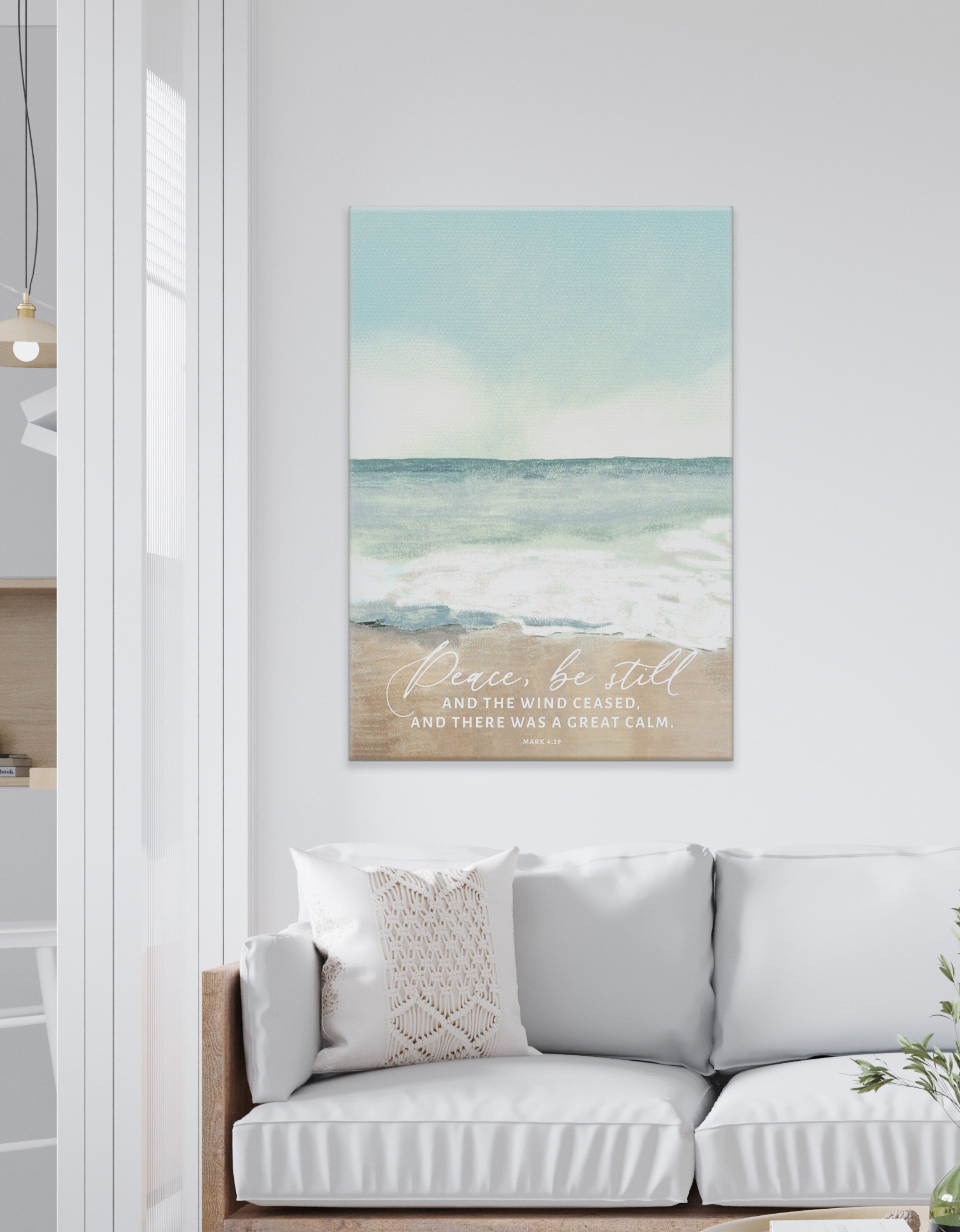 Peace be Still Coastal Canvas Wall Art featuring serene beach scene and inspirational Christian quote from Mark 4:39.