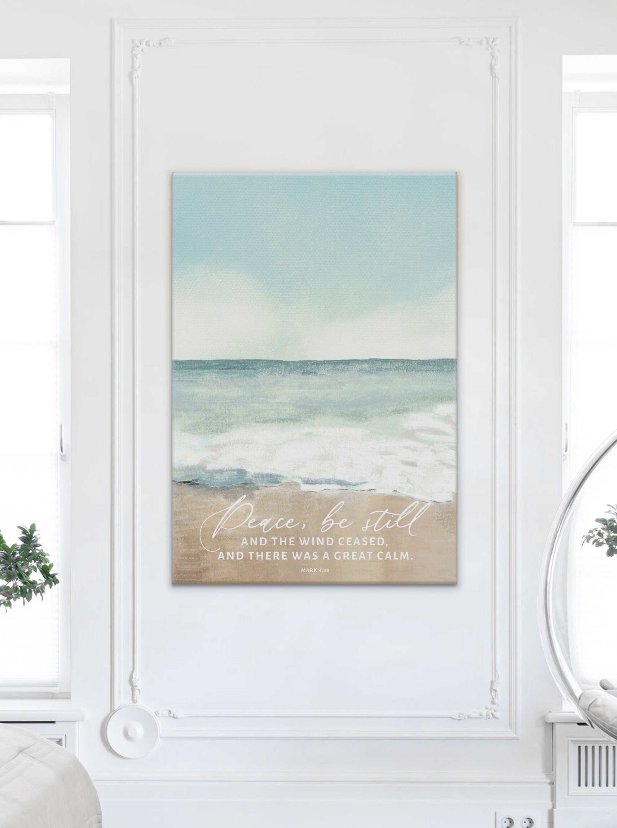 Peace be Still Coastal Canvas Wall Art featuring serene beach scene and inspirational Christian quote from Mark 4:39.