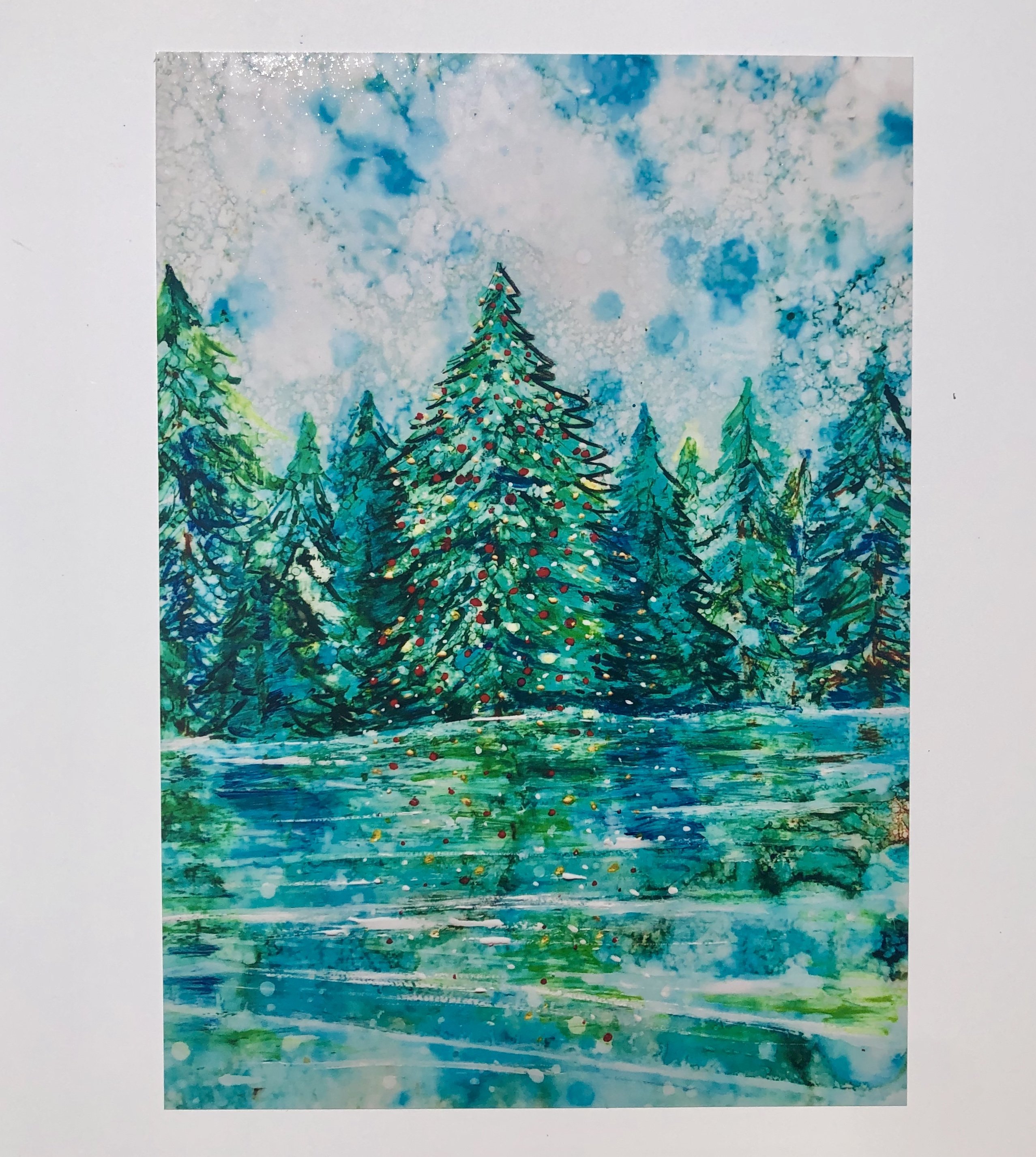 A serene winter landscape print titled 'Peace & Joy', showcasing snow-covered trees and a tranquil atmosphere.