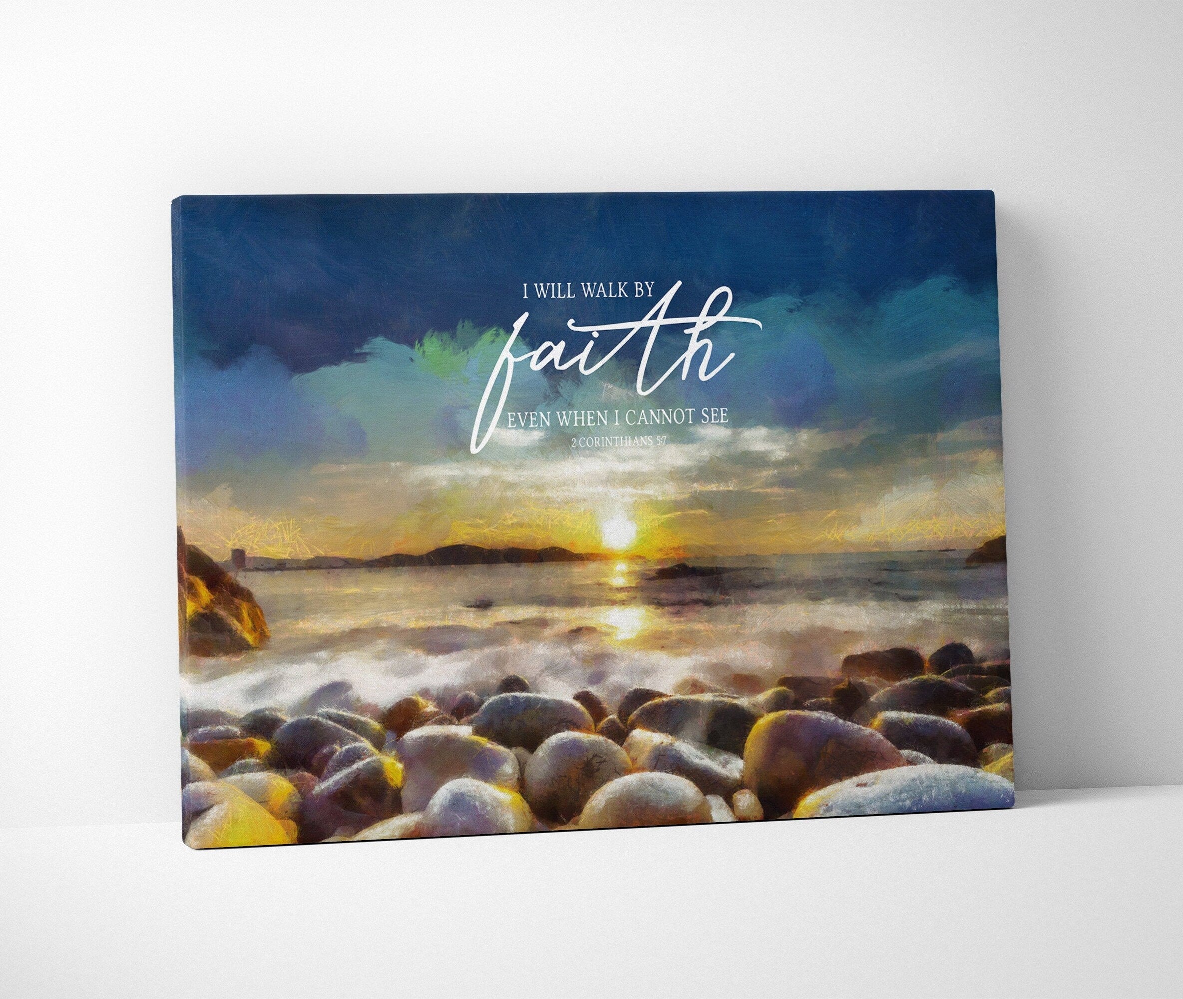 Peaceful Shore Scripture Wall Art featuring a serene waterfront scene with the quote 'I Will Walk By Faith Even When I Cannot See' from 2 Corinthians 5:7.