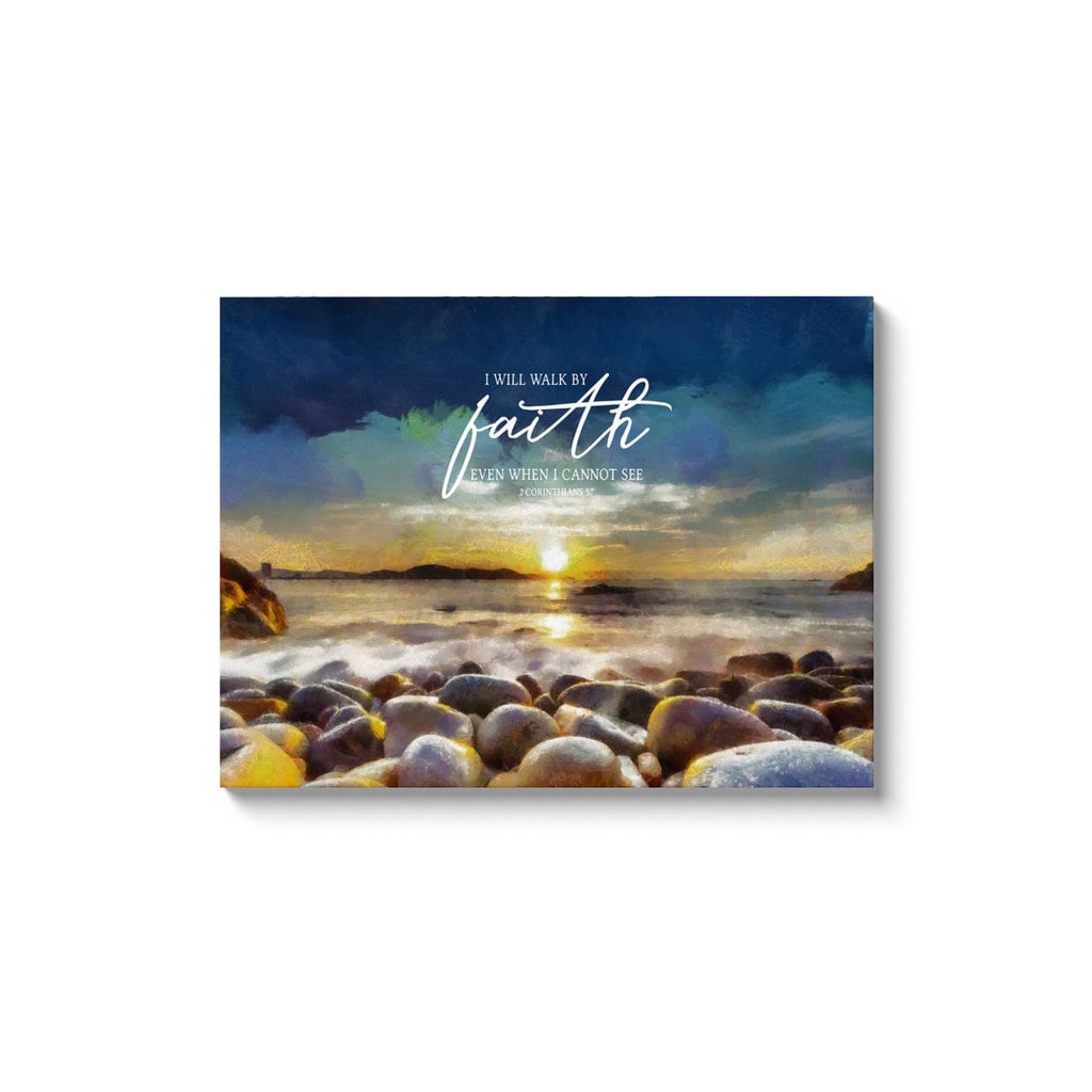 Peaceful Shore Scripture Wall Art featuring a serene waterfront scene with the quote 'I Will Walk By Faith Even When I Cannot See' from 2 Corinthians 5:7.