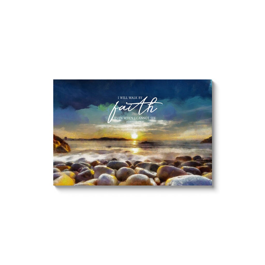 Peaceful Shore Scripture Wall Art featuring a serene waterfront scene with the quote 'I Will Walk By Faith Even When I Cannot See' from 2 Corinthians 5:7.