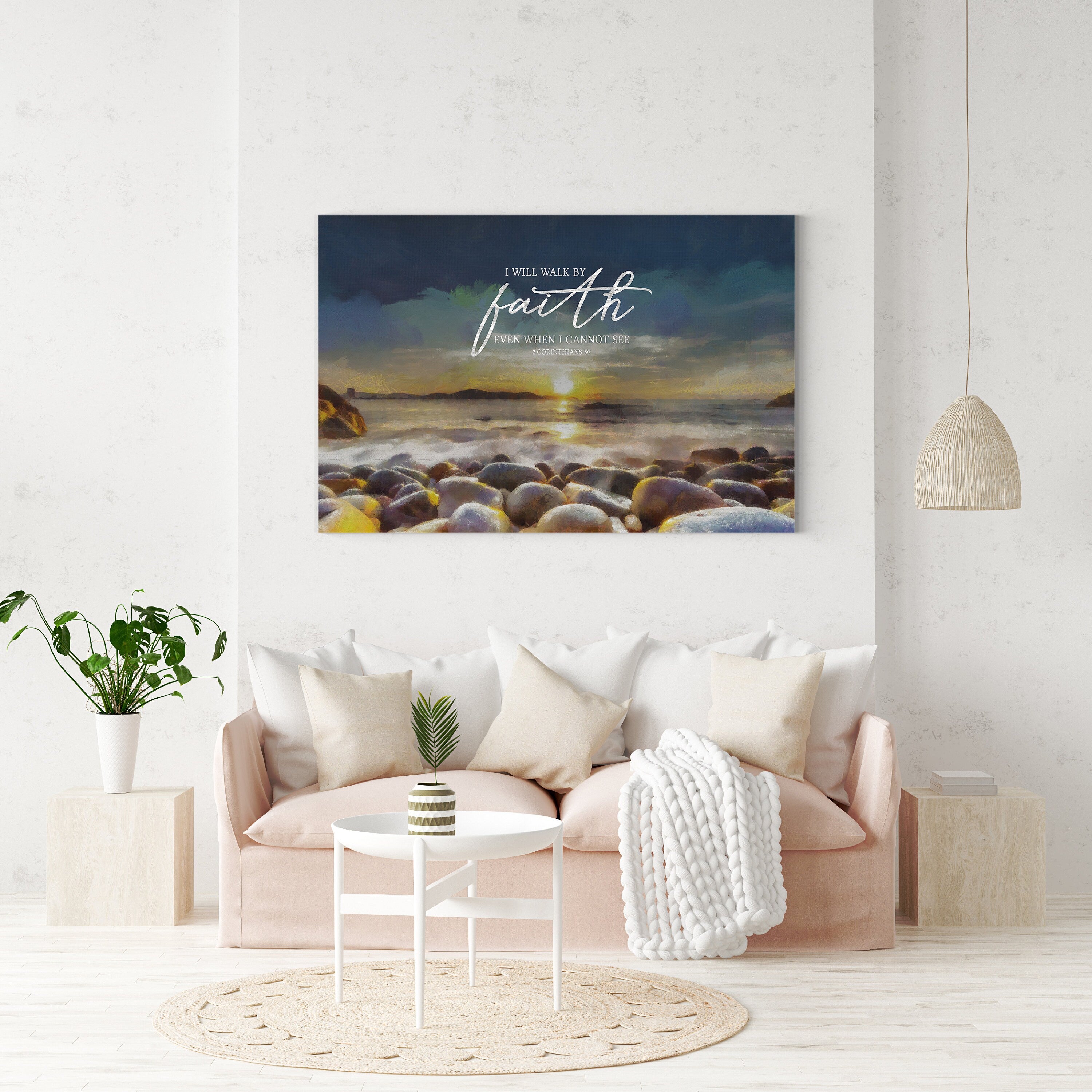 Peaceful Shore Scripture Wall Art featuring a serene waterfront scene with the quote 'I Will Walk By Faith Even When I Cannot See' from 2 Corinthians 5:7.