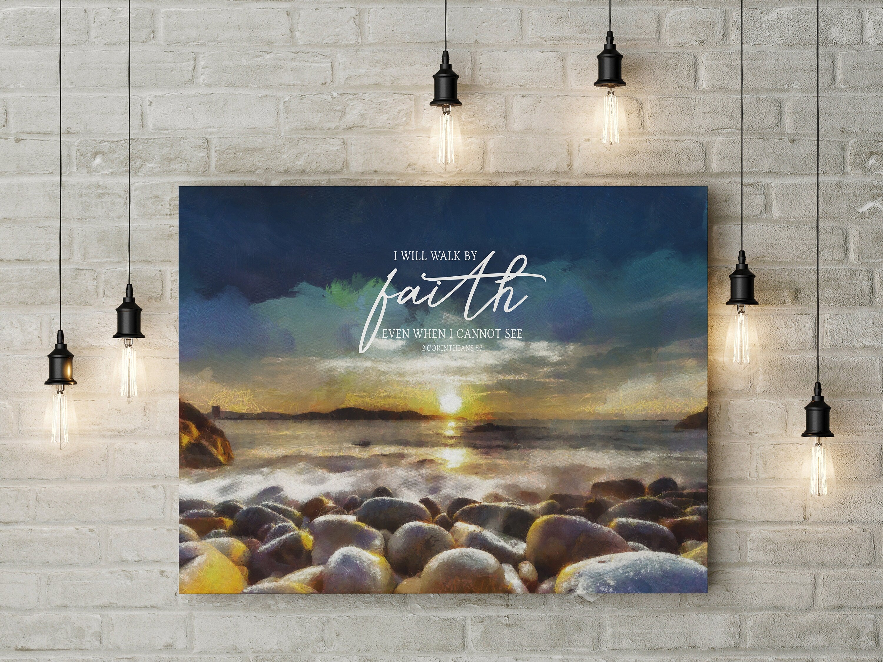 Peaceful Shore Scripture Wall Art featuring a serene waterfront scene with the quote 'I Will Walk By Faith Even When I Cannot See' from 2 Corinthians 5:7.