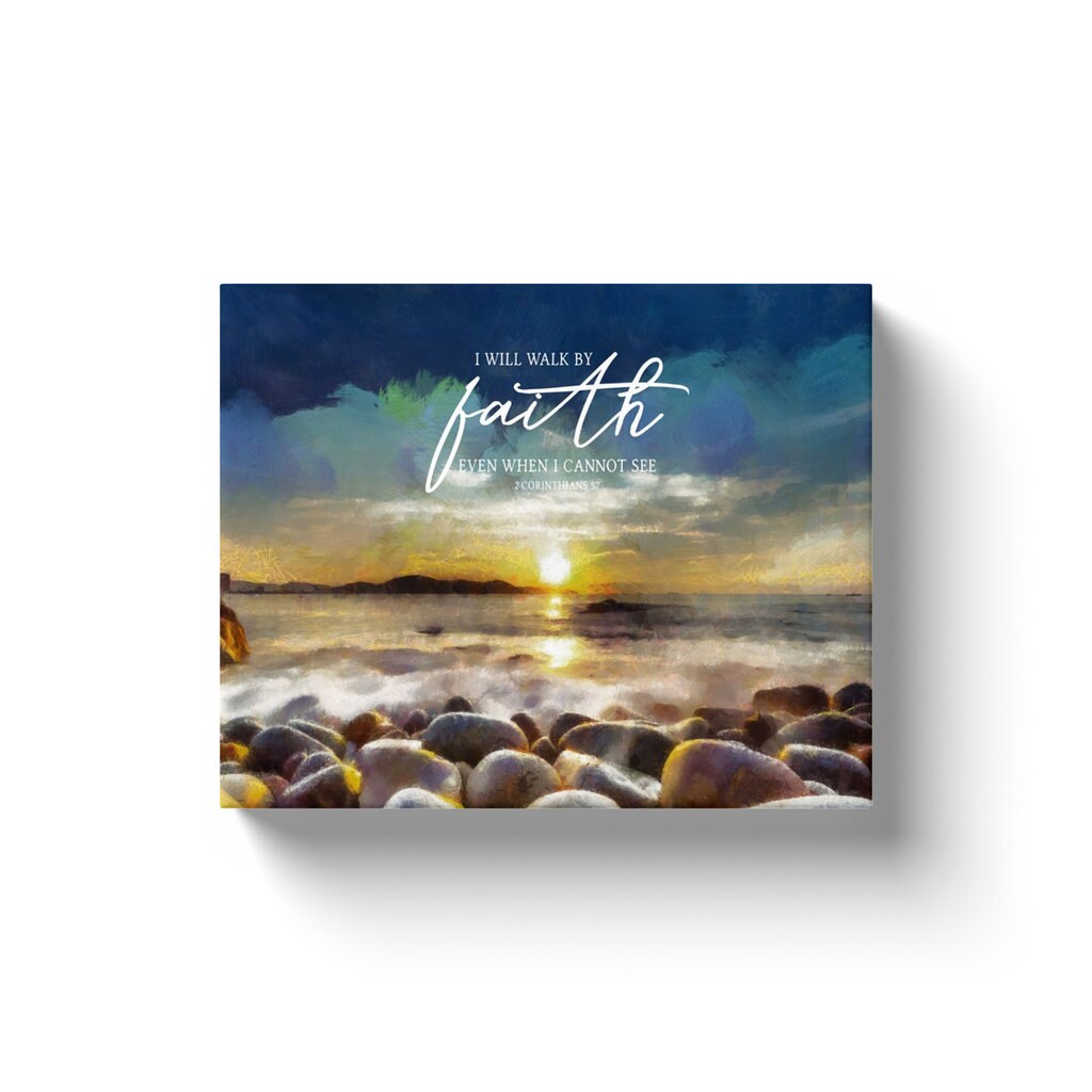 Peaceful Shore Scripture Wall Art featuring a serene waterfront scene with the quote 'I Will Walk By Faith Even When I Cannot See' from 2 Corinthians 5:7.