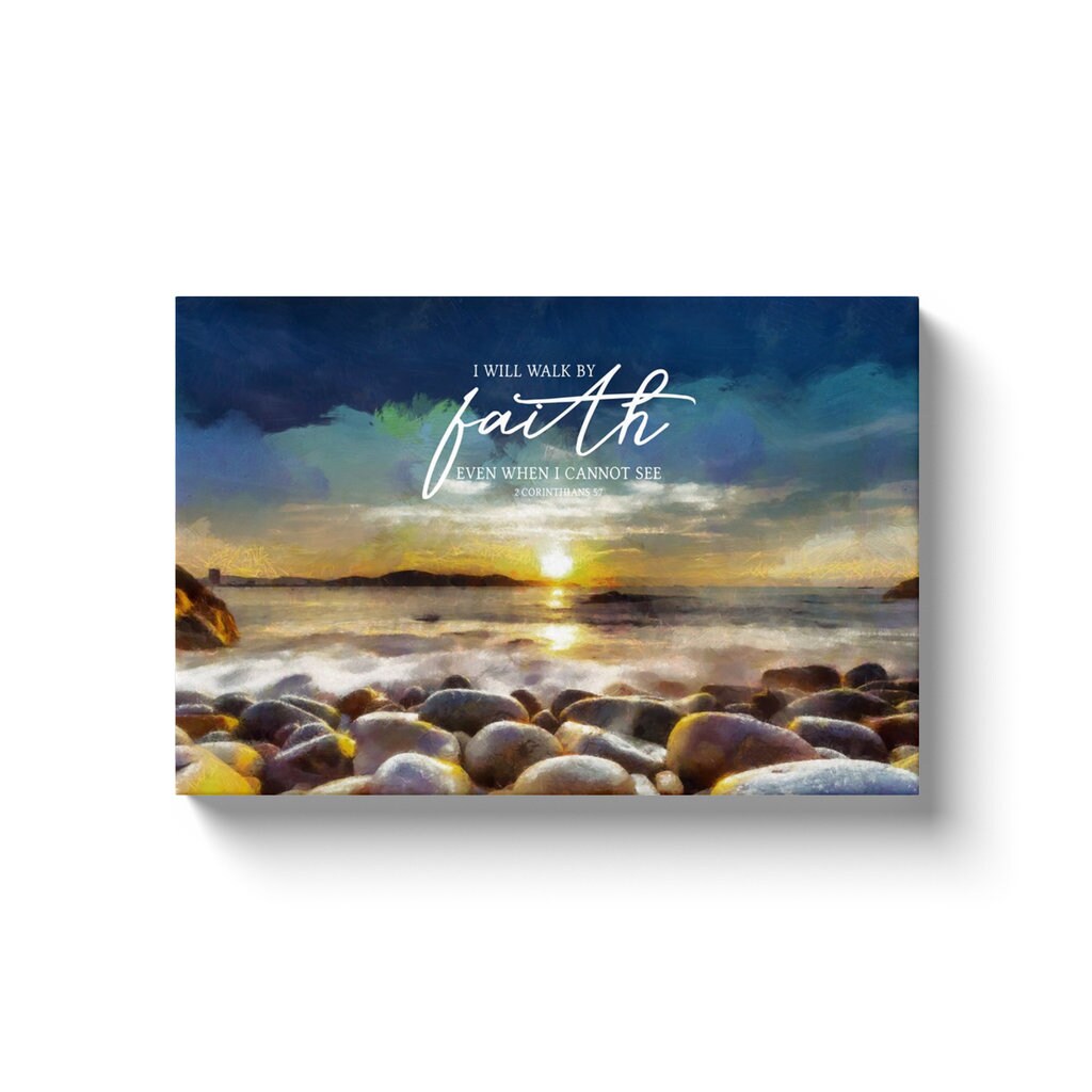 Peaceful Shore Scripture Wall Art featuring a serene waterfront scene with the quote 'I Will Walk By Faith Even When I Cannot See' from 2 Corinthians 5:7.