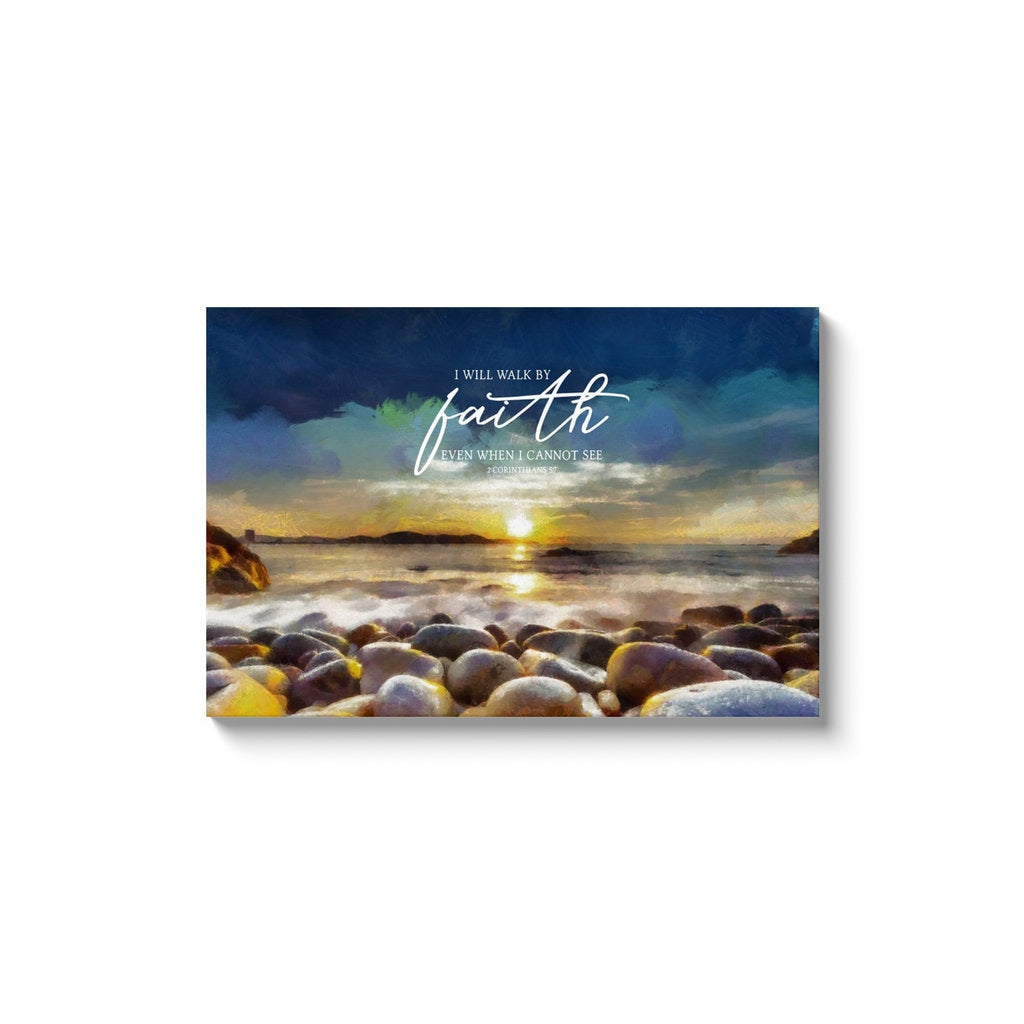 Peaceful Shore Scripture Wall Art featuring a serene waterfront scene with the quote 'I Will Walk By Faith Even When I Cannot See' from 2 Corinthians 5:7.