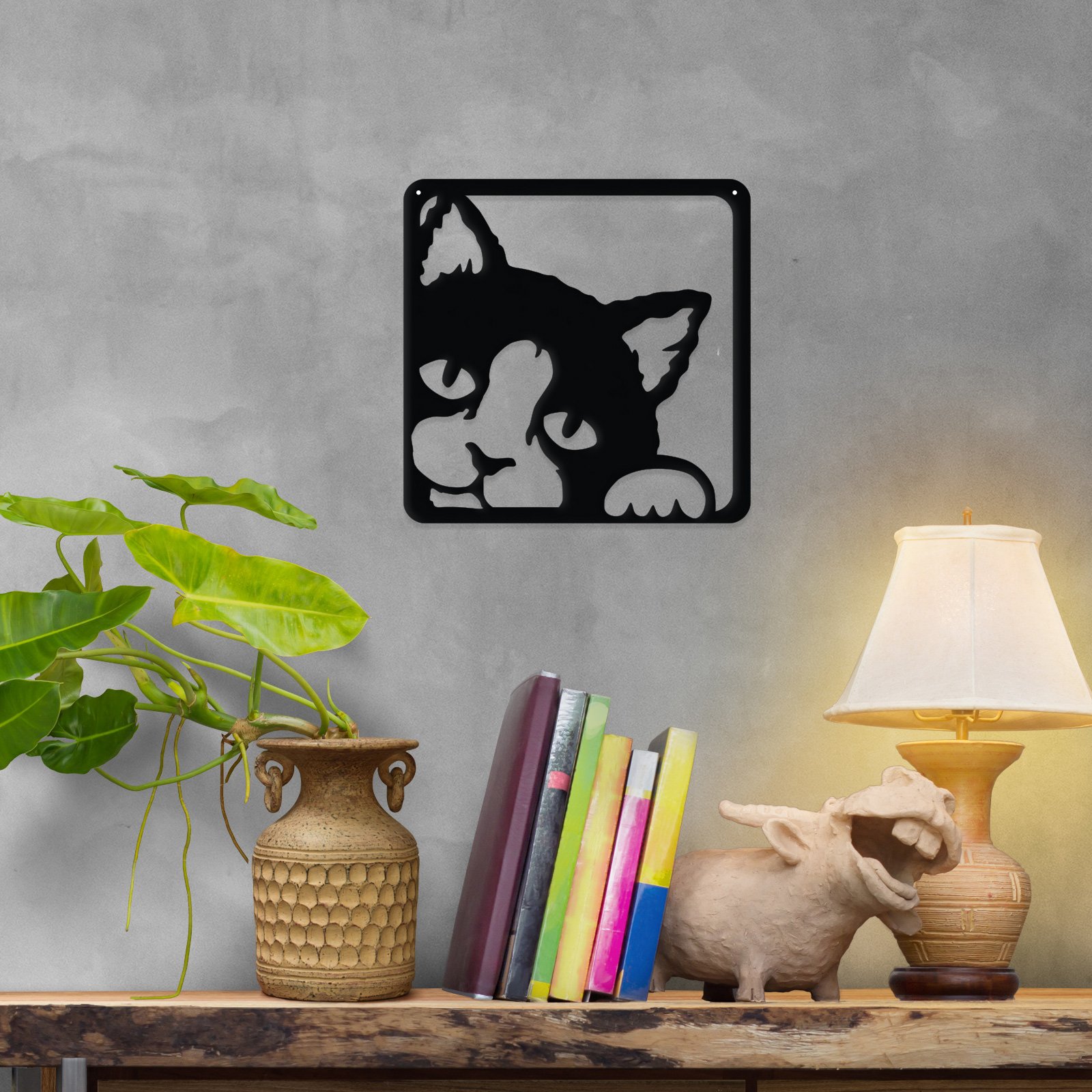 Peeking Kitty Metal Wall Art featuring a playful kitten face, made from durable steel with a powder-coated finish.