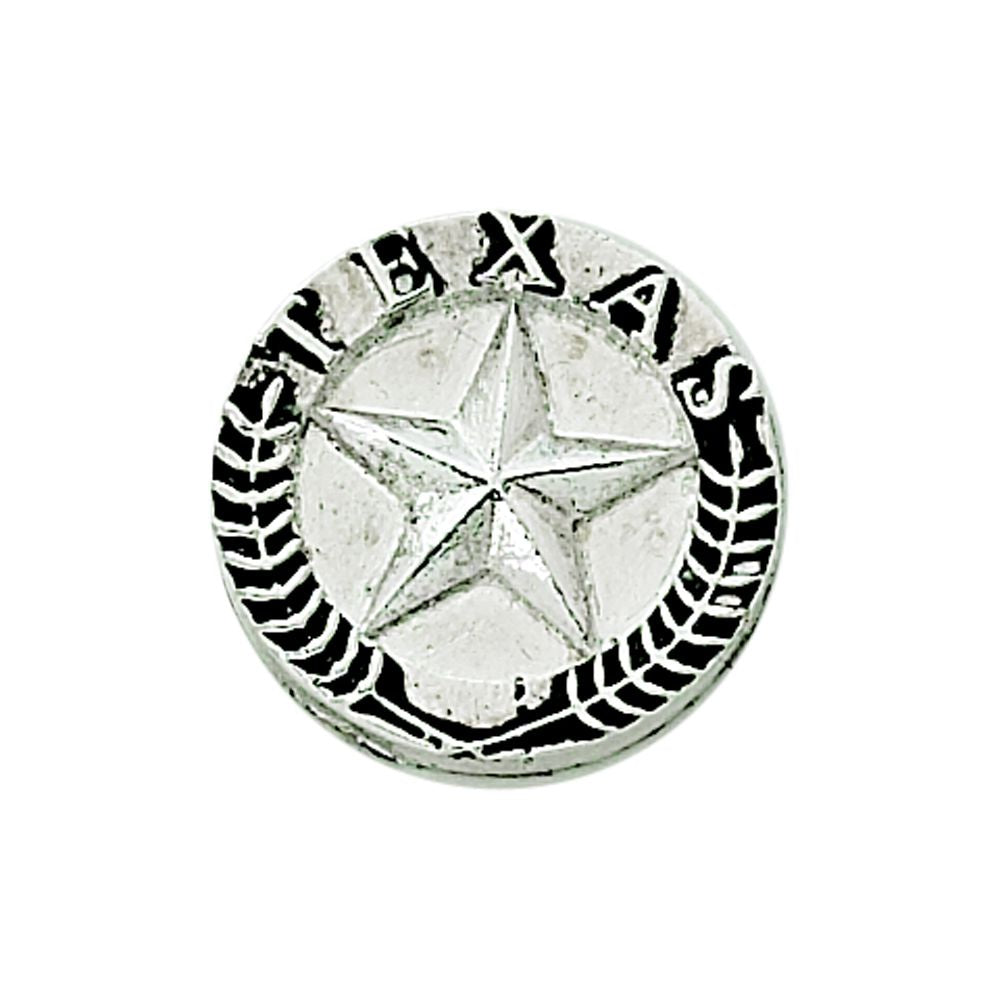 Peel & Press Texas Star Icon, 1 inch by 1 inch, showcasing a shiny non-tarnish metal finish with a three-dimensional design.