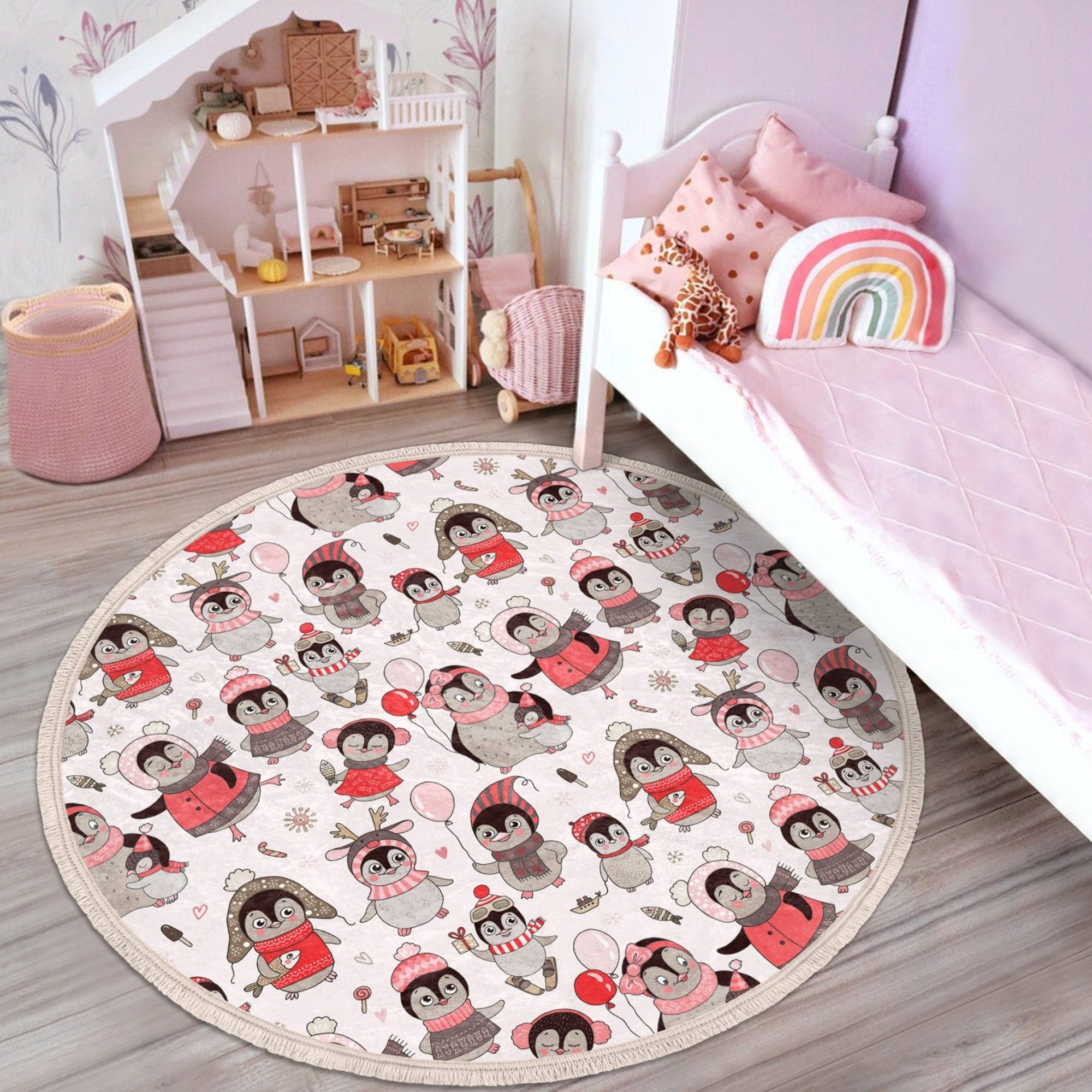 A colorful round rug featuring playful penguins, designed for kids' rooms and nurseries, made from soft velvet fabric.