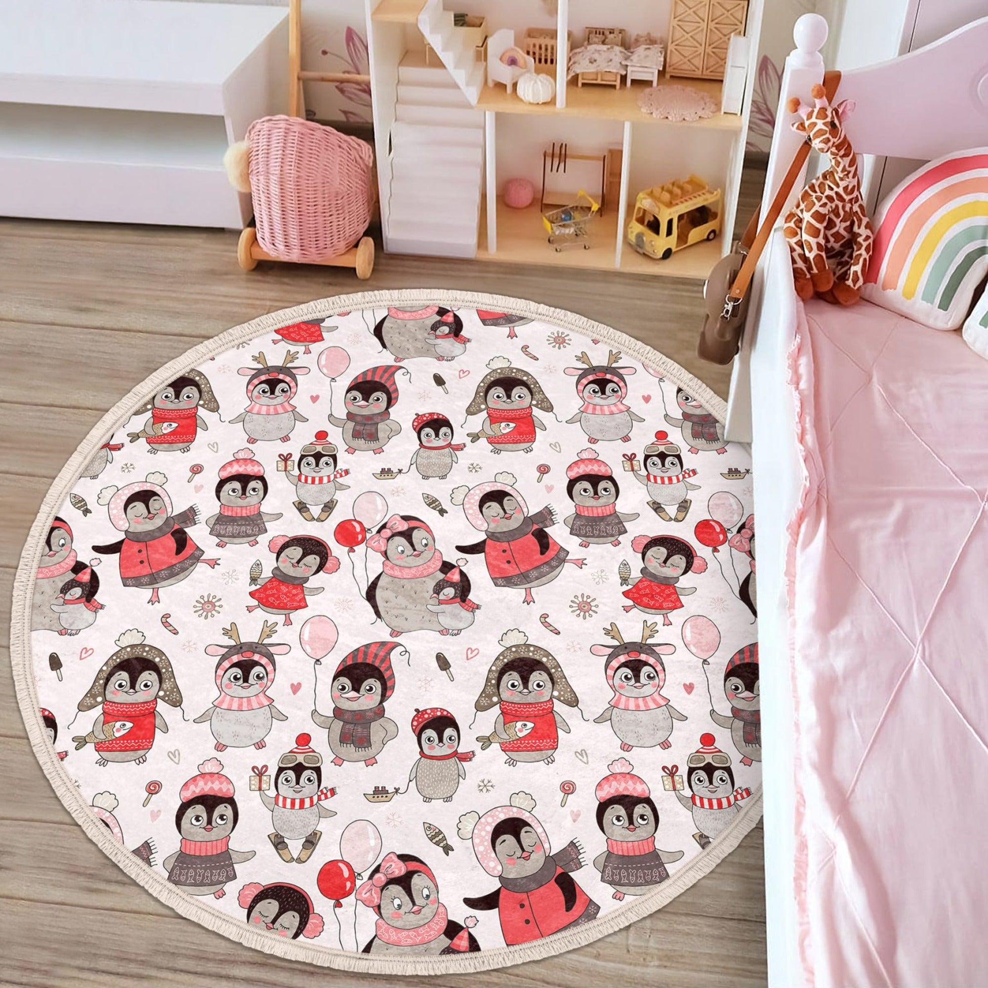 A colorful round rug featuring playful penguins, designed for kids' rooms and nurseries, made from soft velvet fabric.