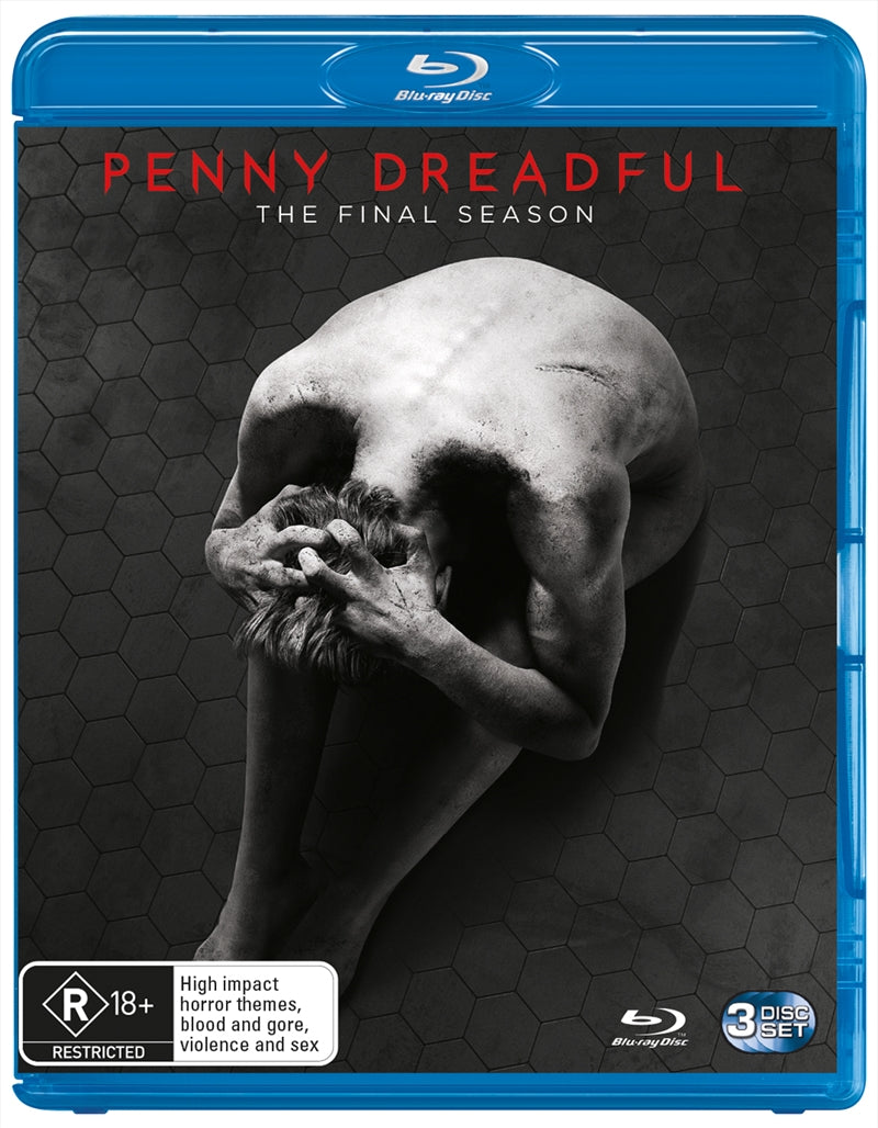 Penny Dreadful Season 3 Blu-ray box set featuring gothic artwork and main characters Ethan Chandler and Vanessa Ives.