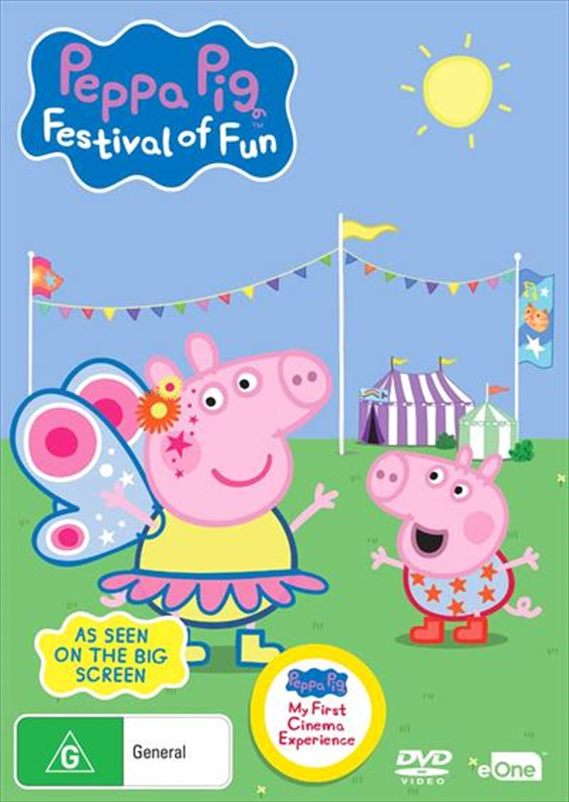 Peppa Pig and George celebrating at a children's festival, surrounded by colorful decorations and joyful friends.