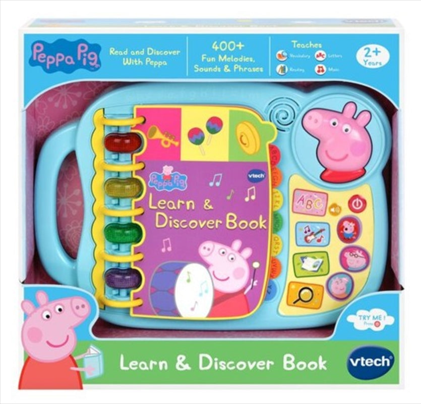 Peppa Pig Learn & Discover Book featuring Peppa and family with interactive elements for children.