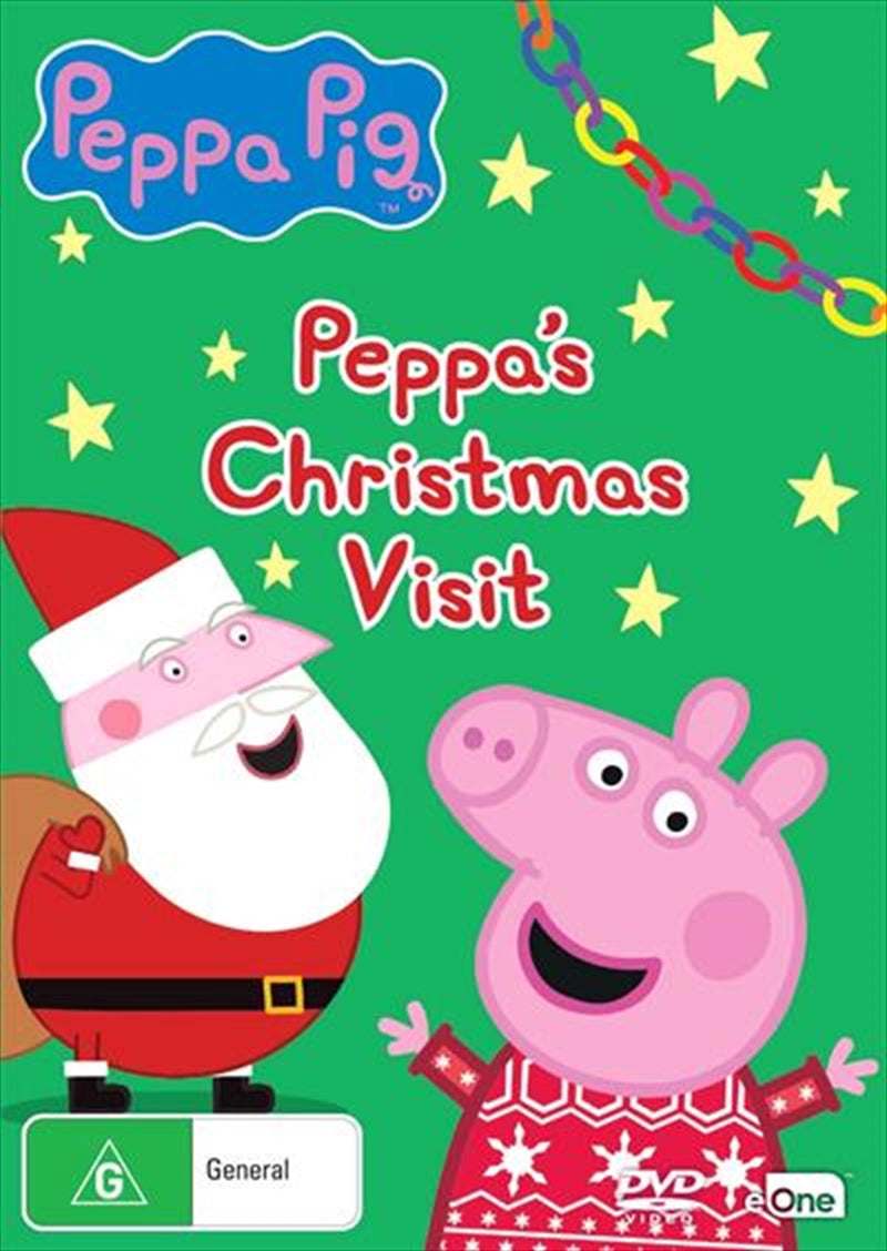 Peppa Pig and George celebrating Christmas with festive decorations and gifts in Peppa's Christmas Visit DVD.