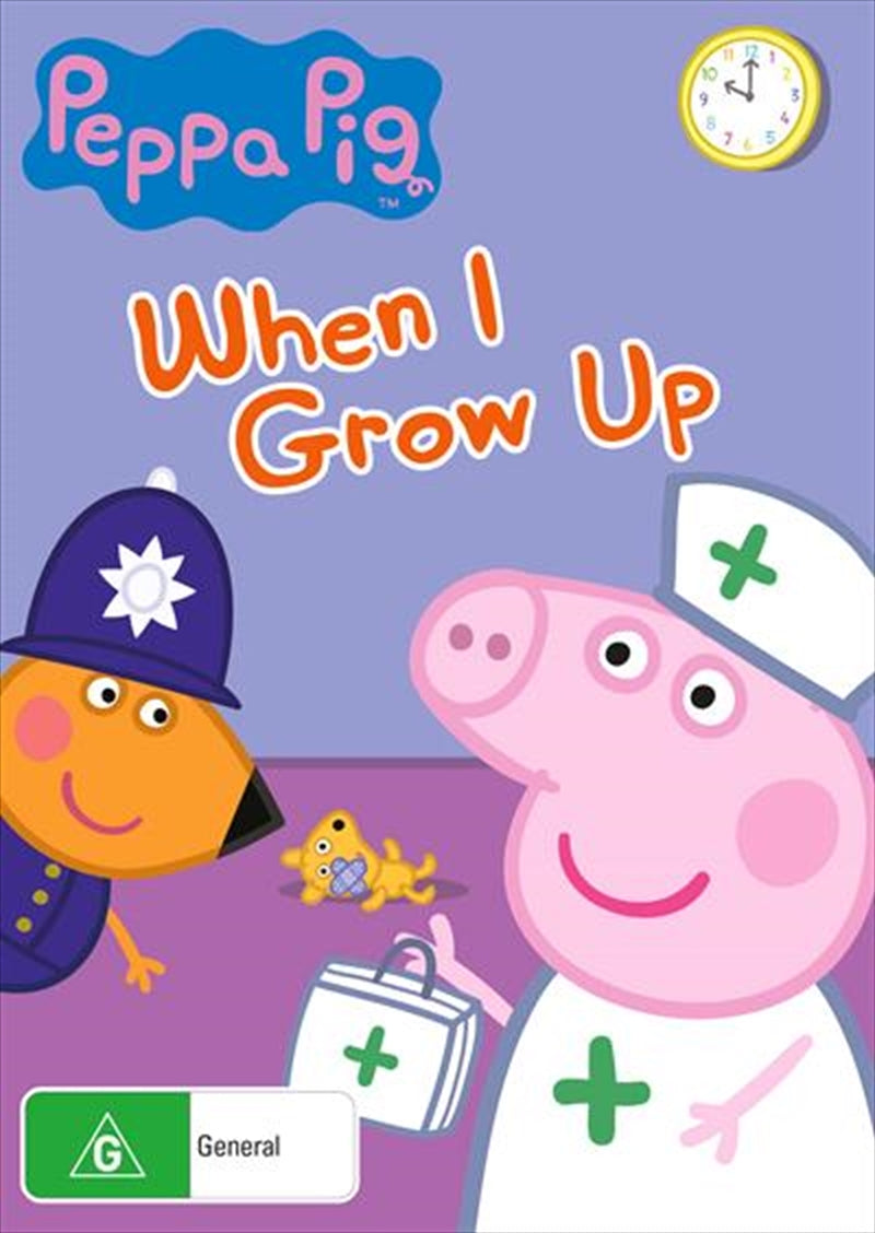 Peppa Pig DVD cover featuring Peppa and friends dressed up in various career outfits, showcasing their imaginative play.