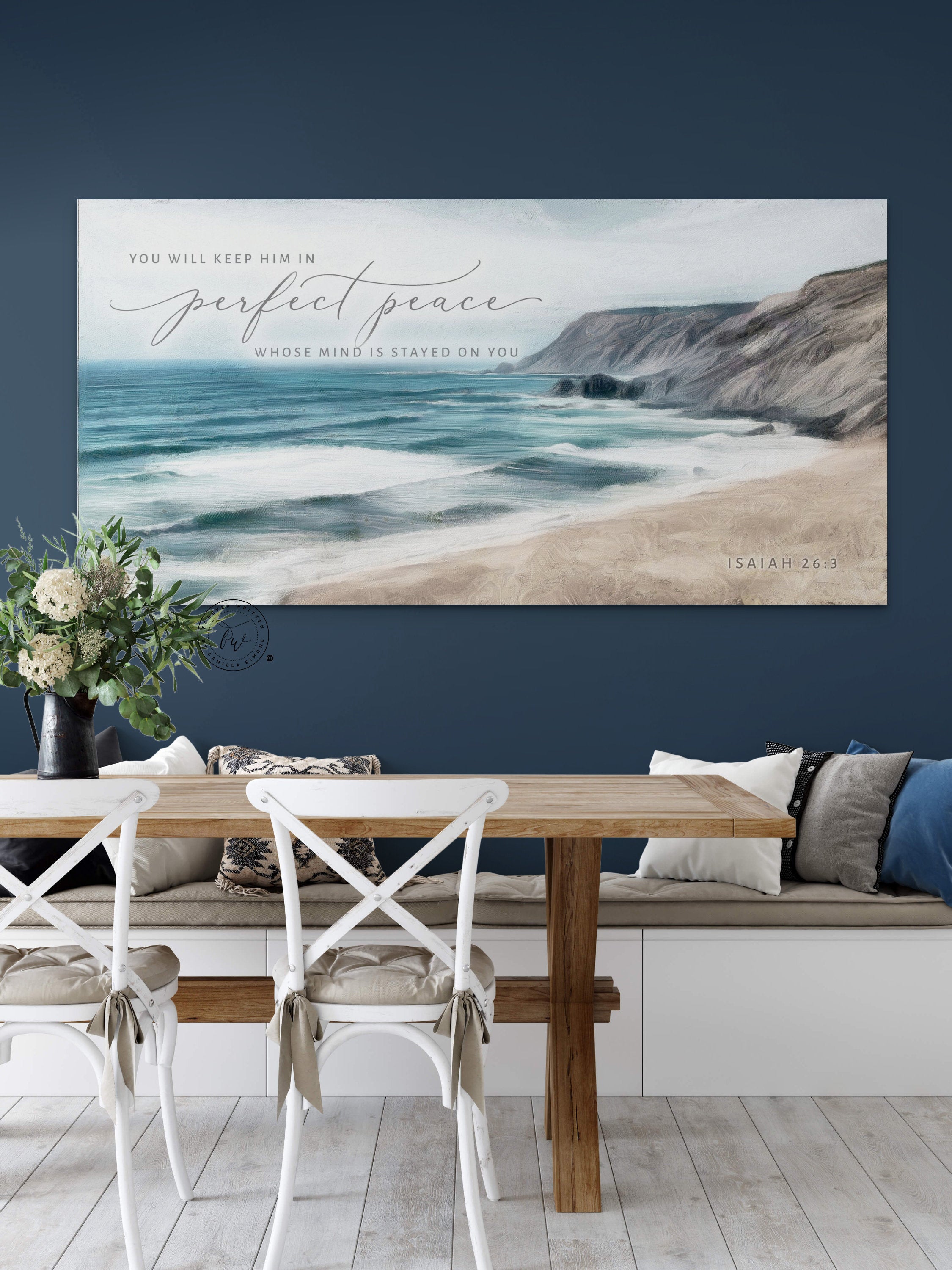 Perfect Peace Coastal Christian Wall Art featuring a serene beach painting with the quote Isaiah 26:3, designed by Camilla Simone.