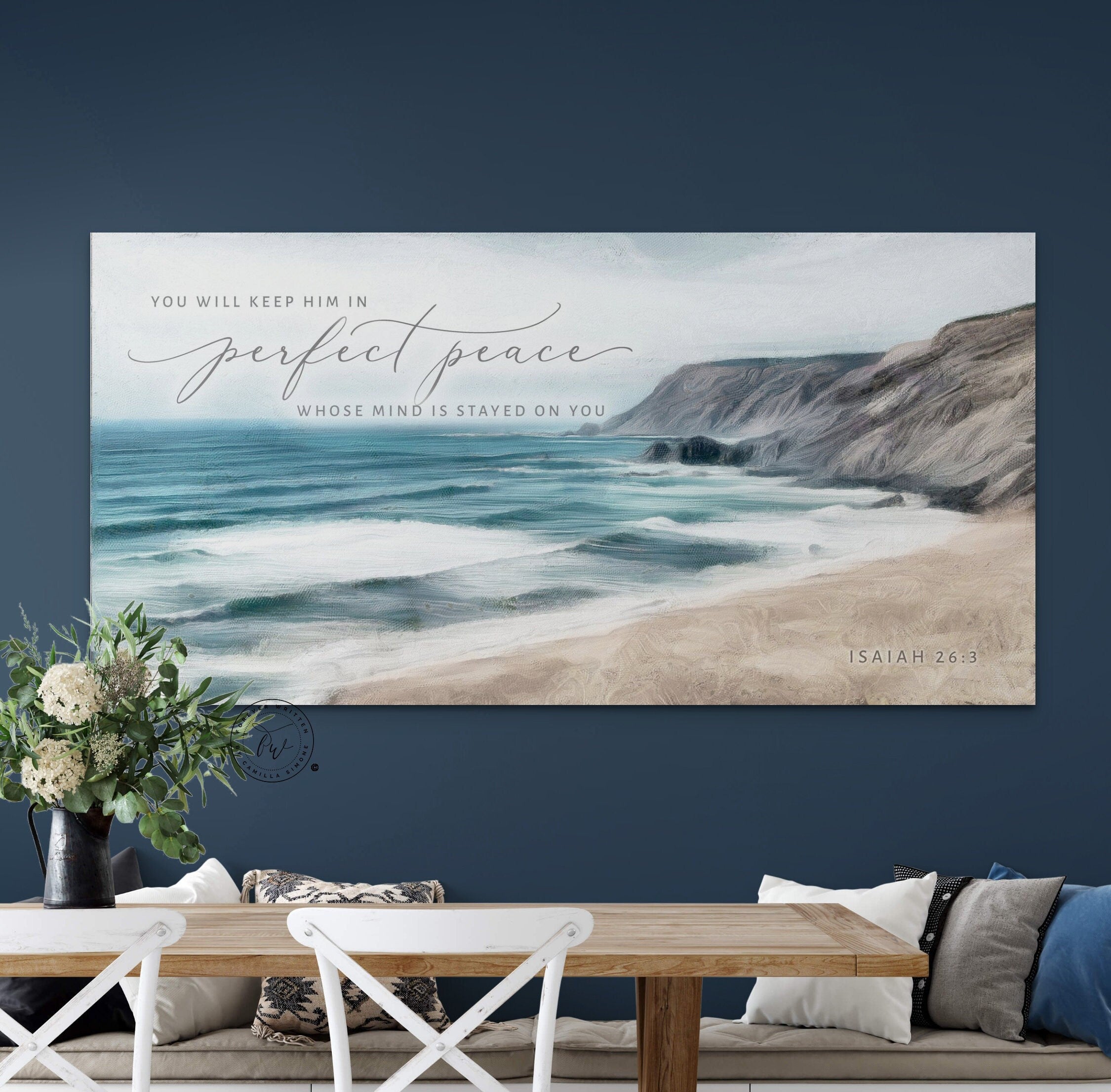 Perfect Peace Coastal Christian Wall Art featuring a serene beach painting with the quote Isaiah 26:3, designed by Camilla Simone.