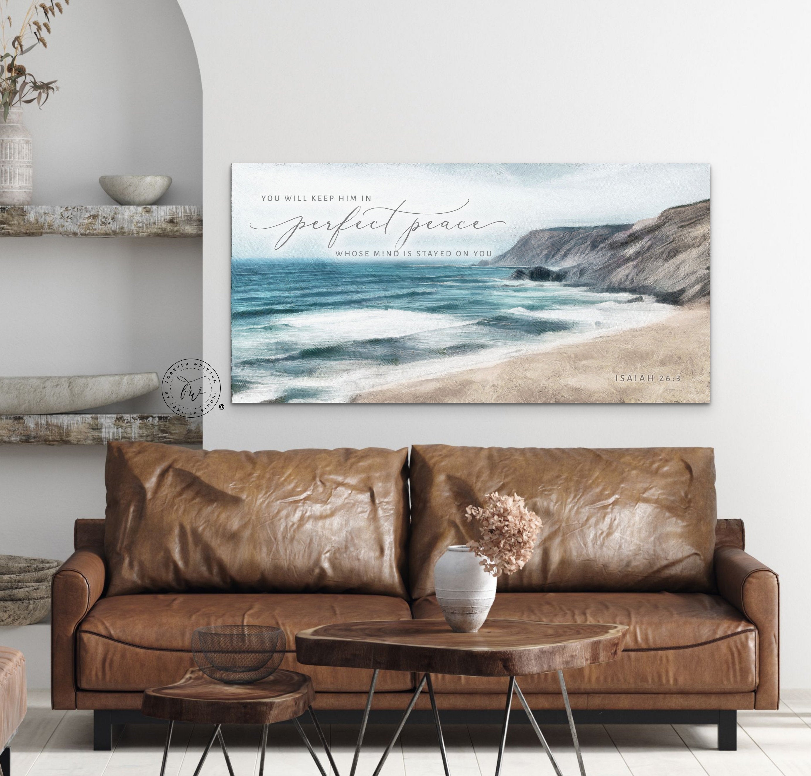 Perfect Peace Coastal Christian Wall Art featuring a serene beach painting with the quote Isaiah 26:3, designed by Camilla Simone.