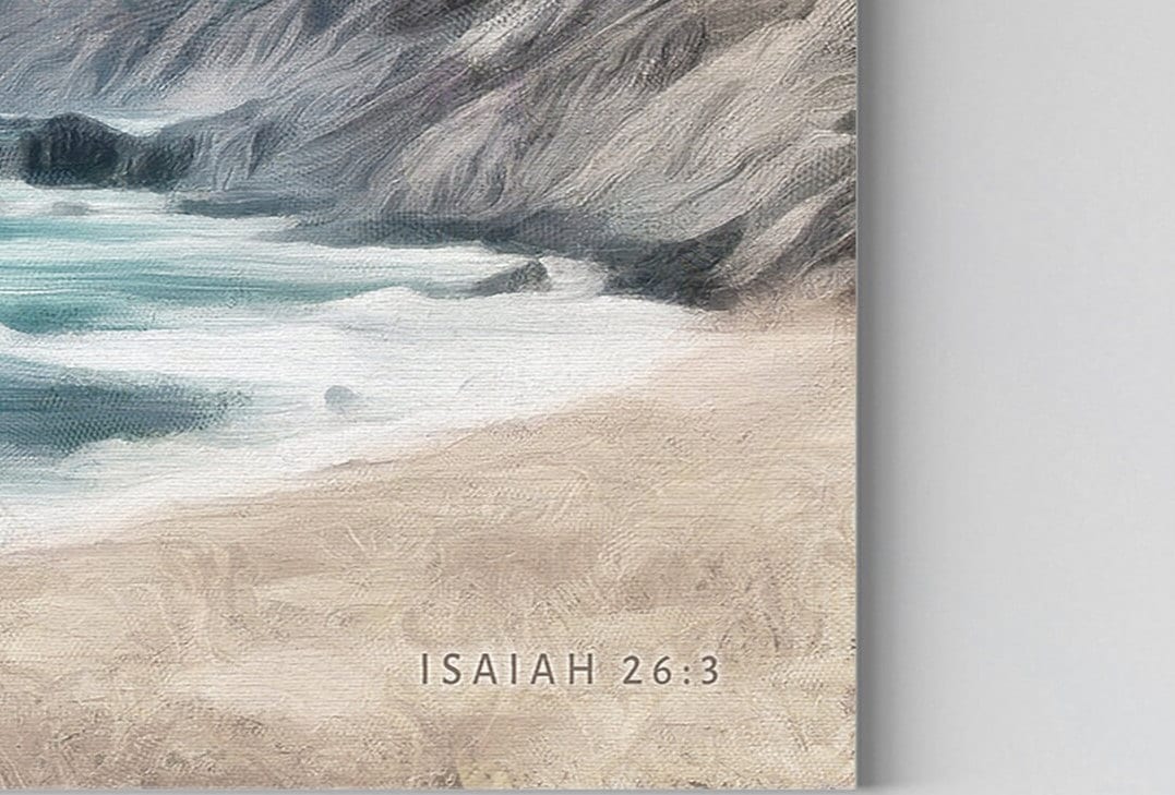 Perfect Peace Coastal Christian Wall Art featuring a serene beach painting with the quote Isaiah 26:3, designed by Camilla Simone.