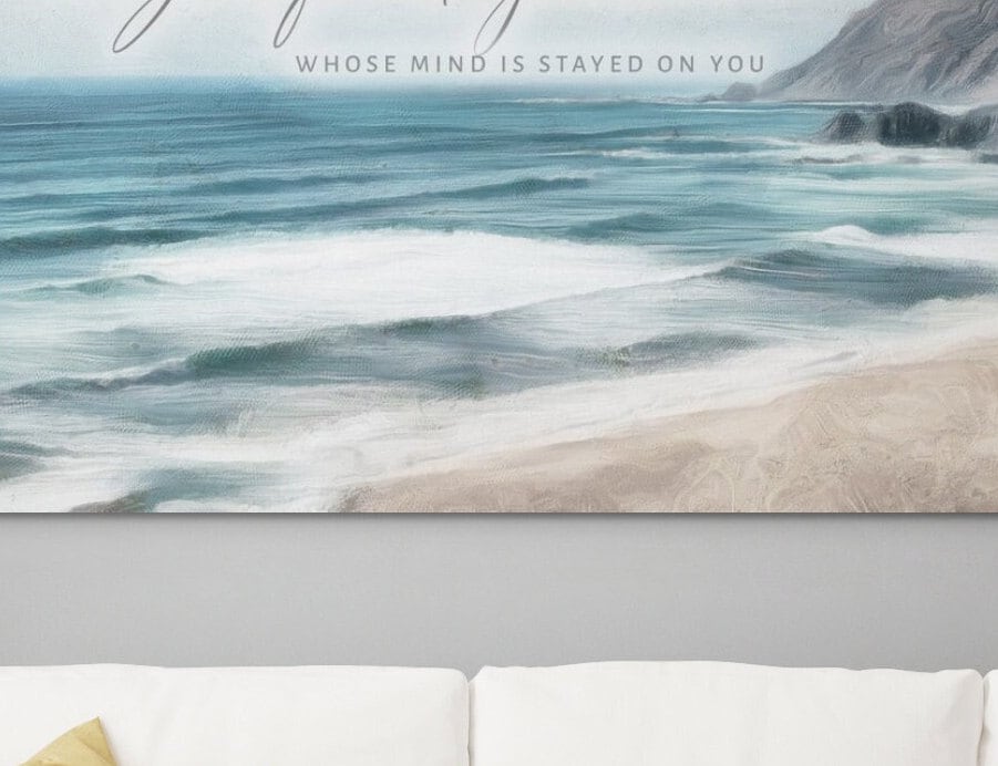 Perfect Peace Coastal Christian Wall Art featuring a serene beach painting with the quote Isaiah 26:3, designed by Camilla Simone.