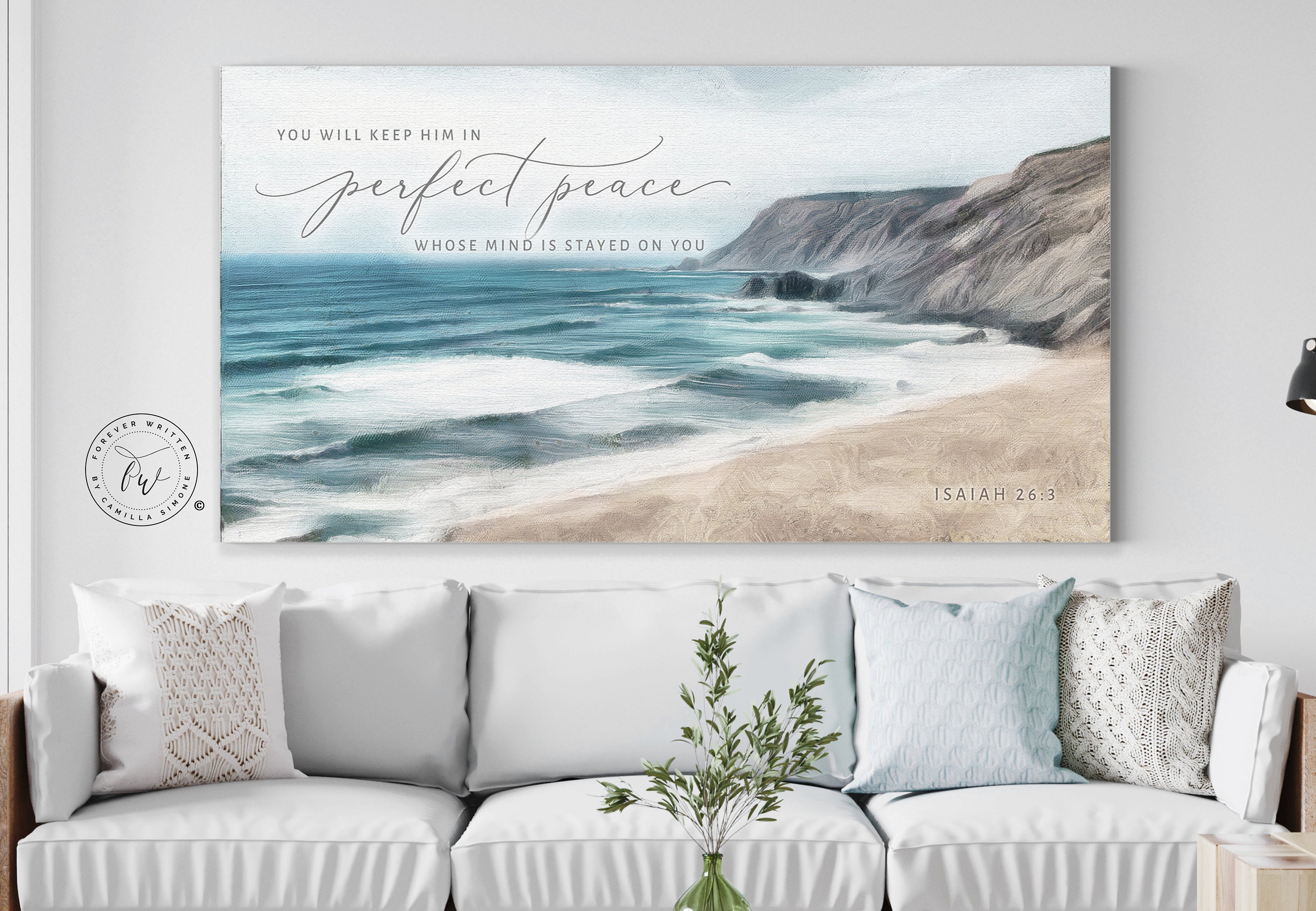 Perfect Peace Coastal Christian Wall Art featuring a serene beach painting with the quote Isaiah 26:3, designed by Camilla Simone.