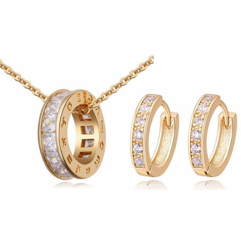 Personality Circle women's necklace and earrings set featuring zircon stones, designed for unisex wear, showcasing a circular pattern.