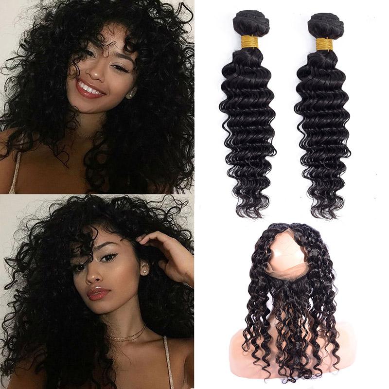 Peruvian Human Hair Extensions 360 Lace Frontal with two bundles of deep wave texture, showcasing the luxurious quality and natural appearance.