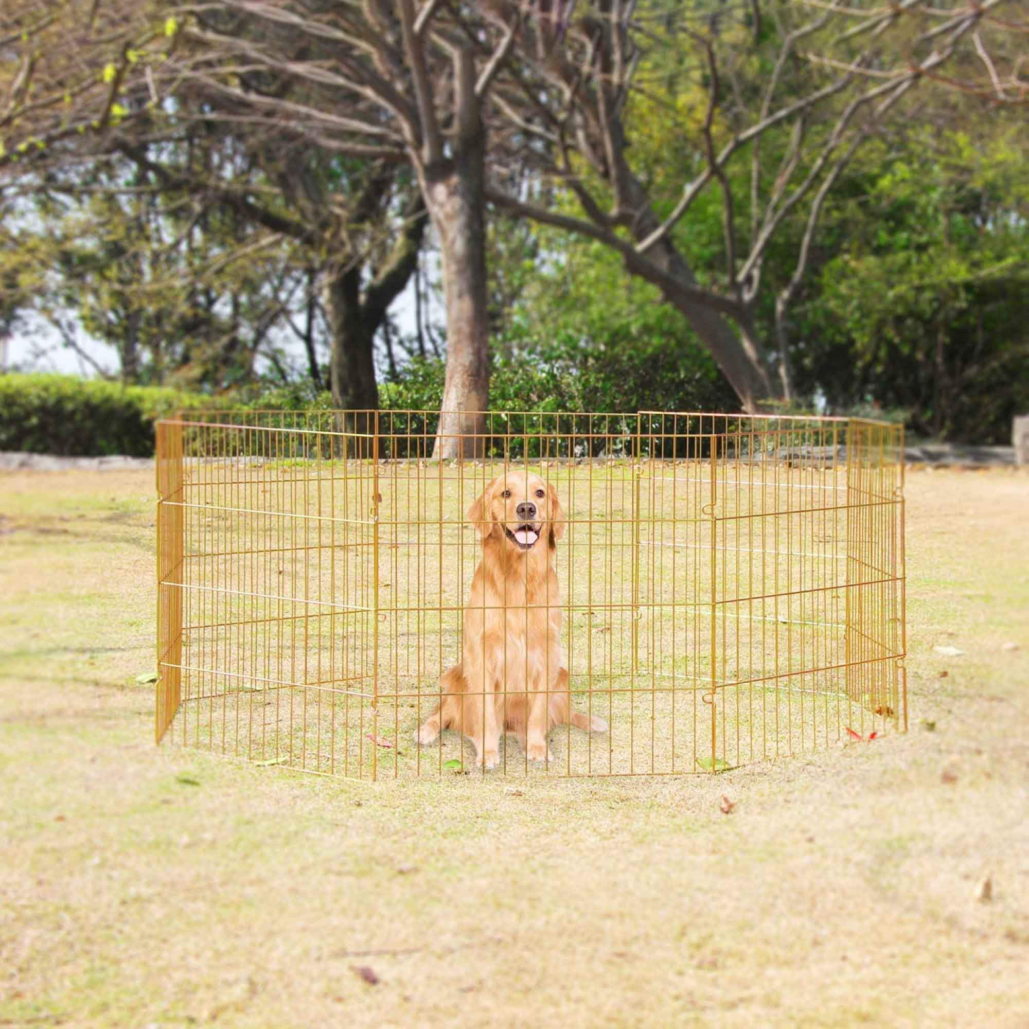 Pawise Pet Playpen featuring a foldable metal design with eight panels, suitable for indoor and outdoor use for dogs and cats.