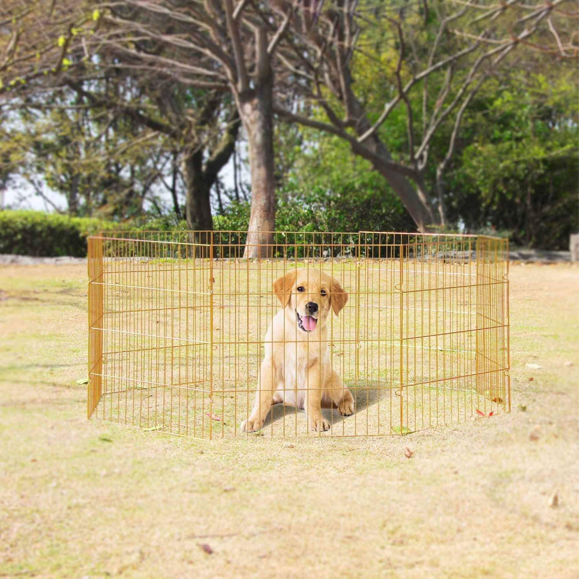 Pawise Pet Playpen featuring a foldable metal design with eight panels, suitable for indoor and outdoor use for dogs and cats.