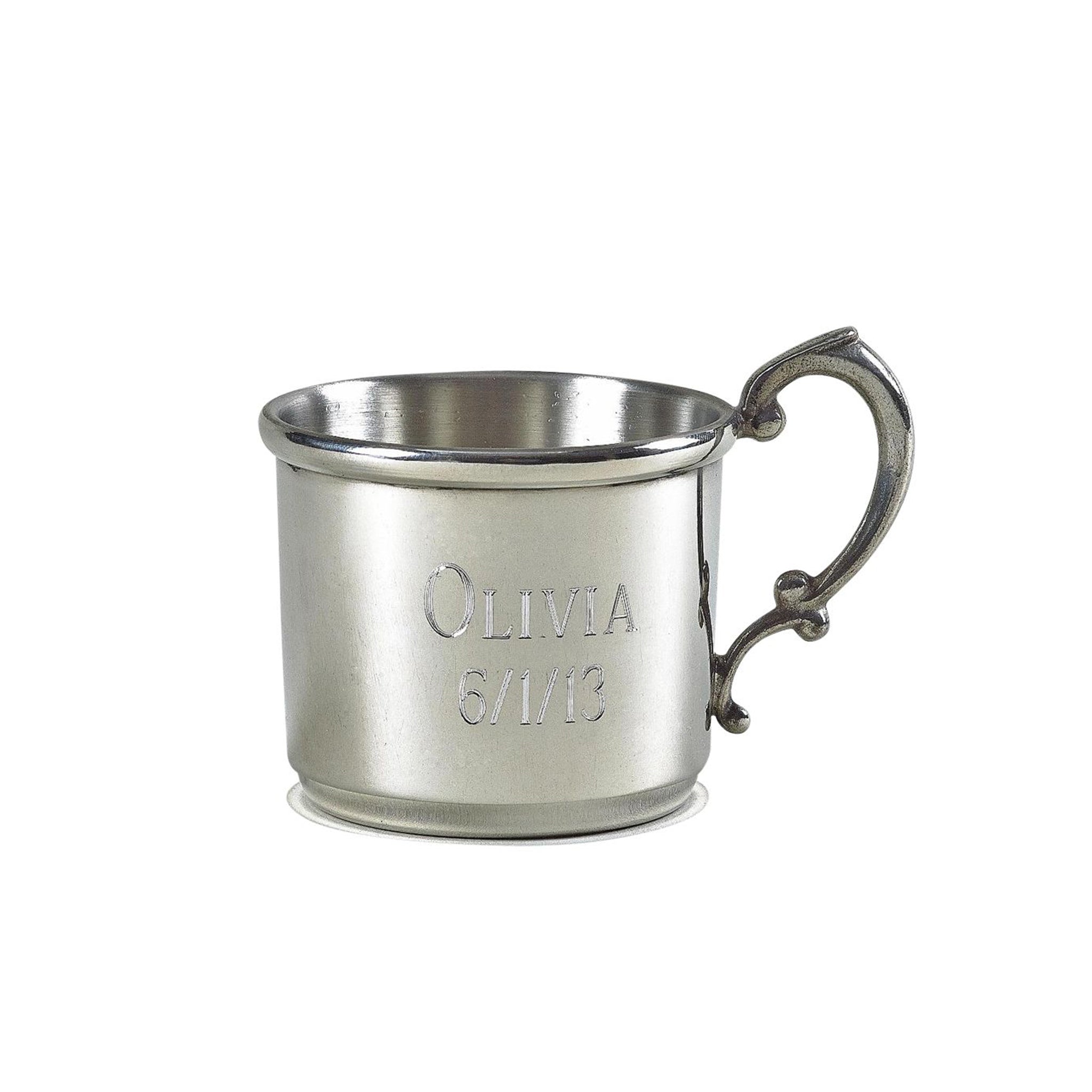 Elegant pewter baby cup with engraving option, measuring 3 inches high.