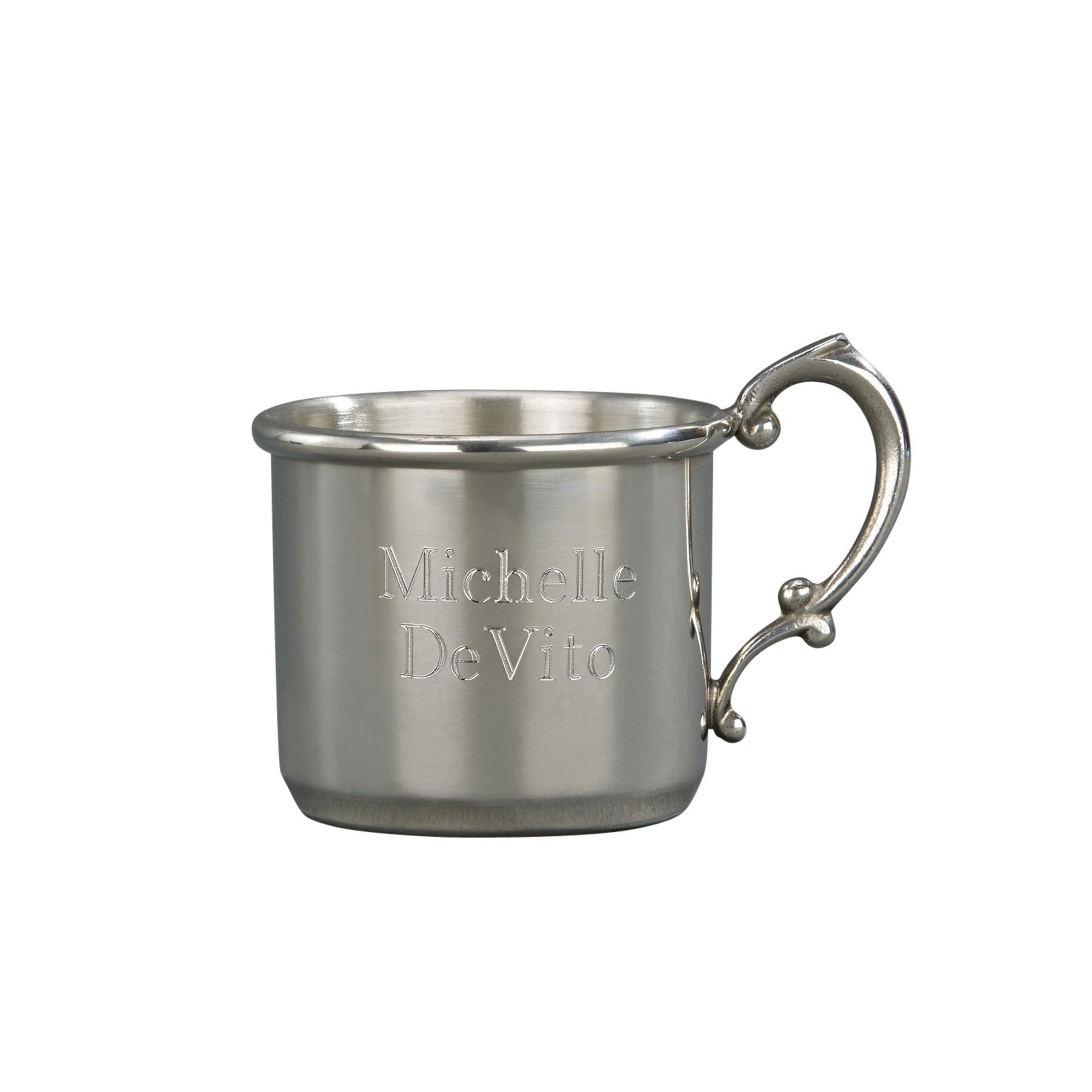 Elegant pewter baby cup with engraving option, measuring 3 inches high.