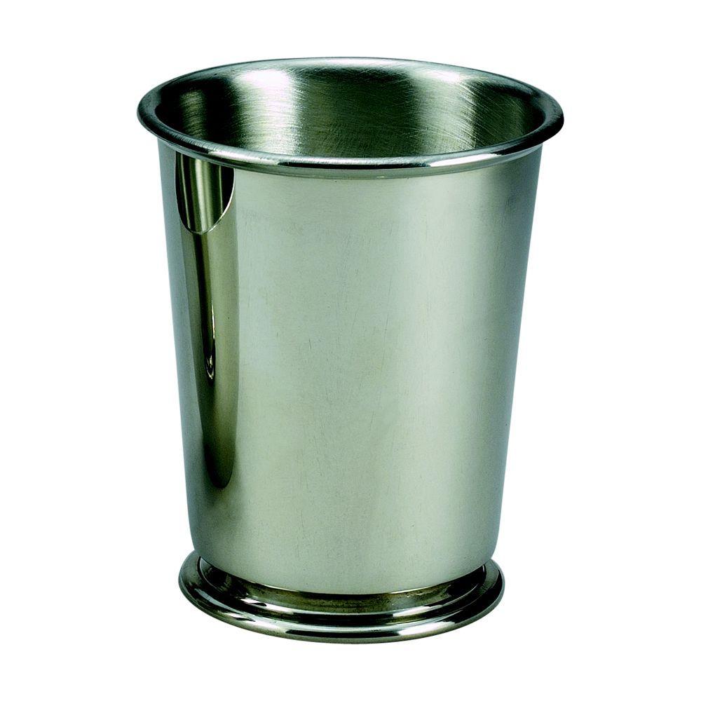 A polished pewter mint julep cup with a rolled edge, elegantly designed for serving drinks, measuring 3.75 inches high and 3 inches wide.