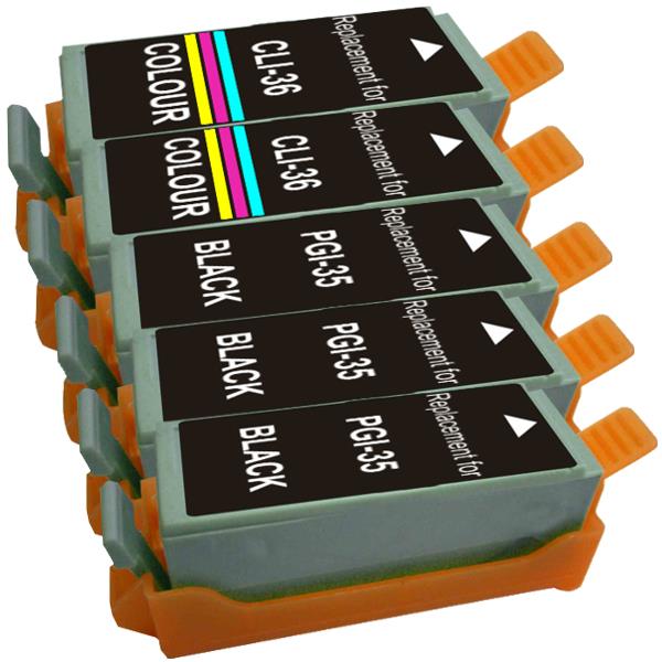 PGI-35 and CLI-36 compatible inkjet cartridge set with three black and two color cartridges.