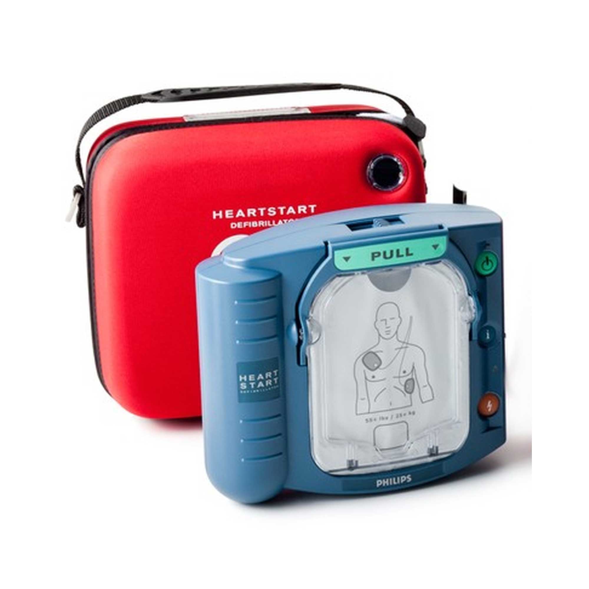 Philips HeartStart HS1 AED Defibrillator with carry case, designed for emergency use with clear voice instructions and automatic self-tests.