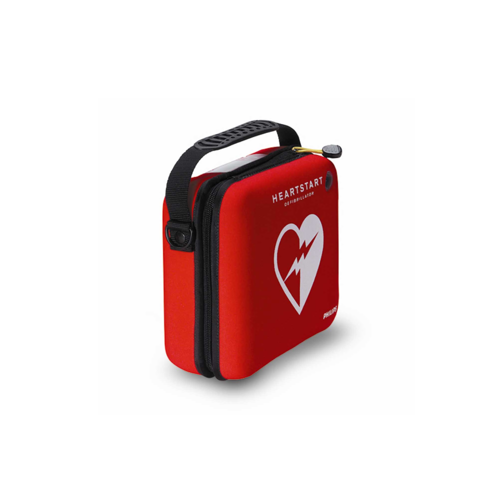 Philips HeartStart HS1 AED Defibrillator with carry case, designed for emergency use with clear voice instructions and automatic self-tests.