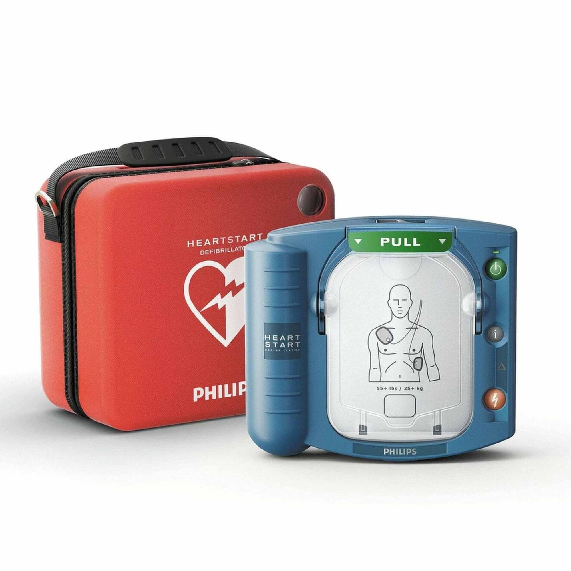 Philips HeartStart HS1 AED Defibrillator with carry case, designed for emergency use with clear voice instructions and automatic self-tests.