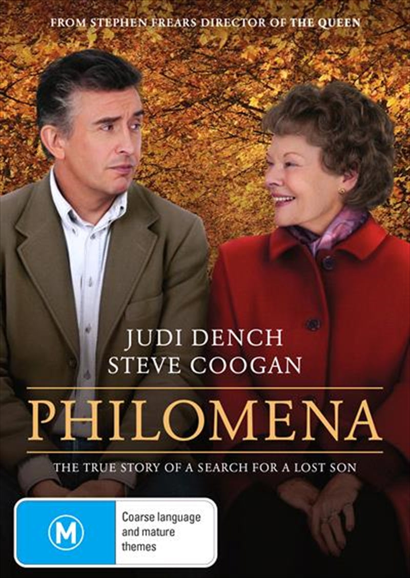 Philomena DVD cover featuring Judi Dench and Steve Coogan, showcasing the emotional journey of a mother searching for her son.