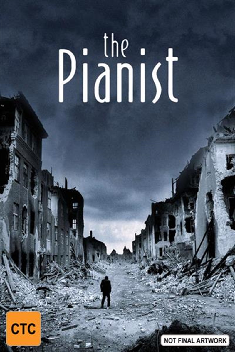 The DVD cover of The Pianist featuring Adrien Brody, showcasing a dramatic scene from the film.