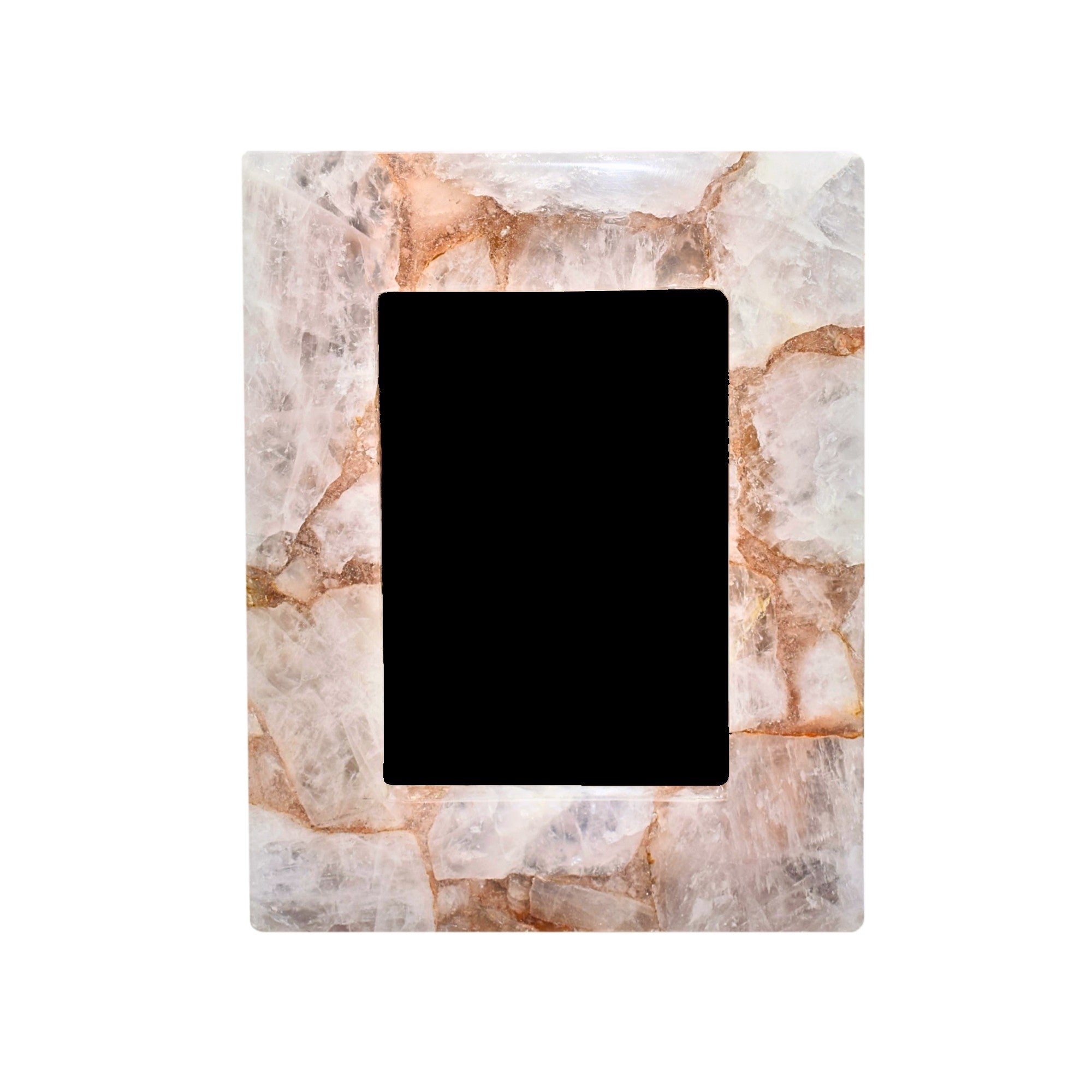 A collection of elegant gemstone picture frames in various sizes featuring amethyst, grey agate, rose quartz, and white quartz borders.