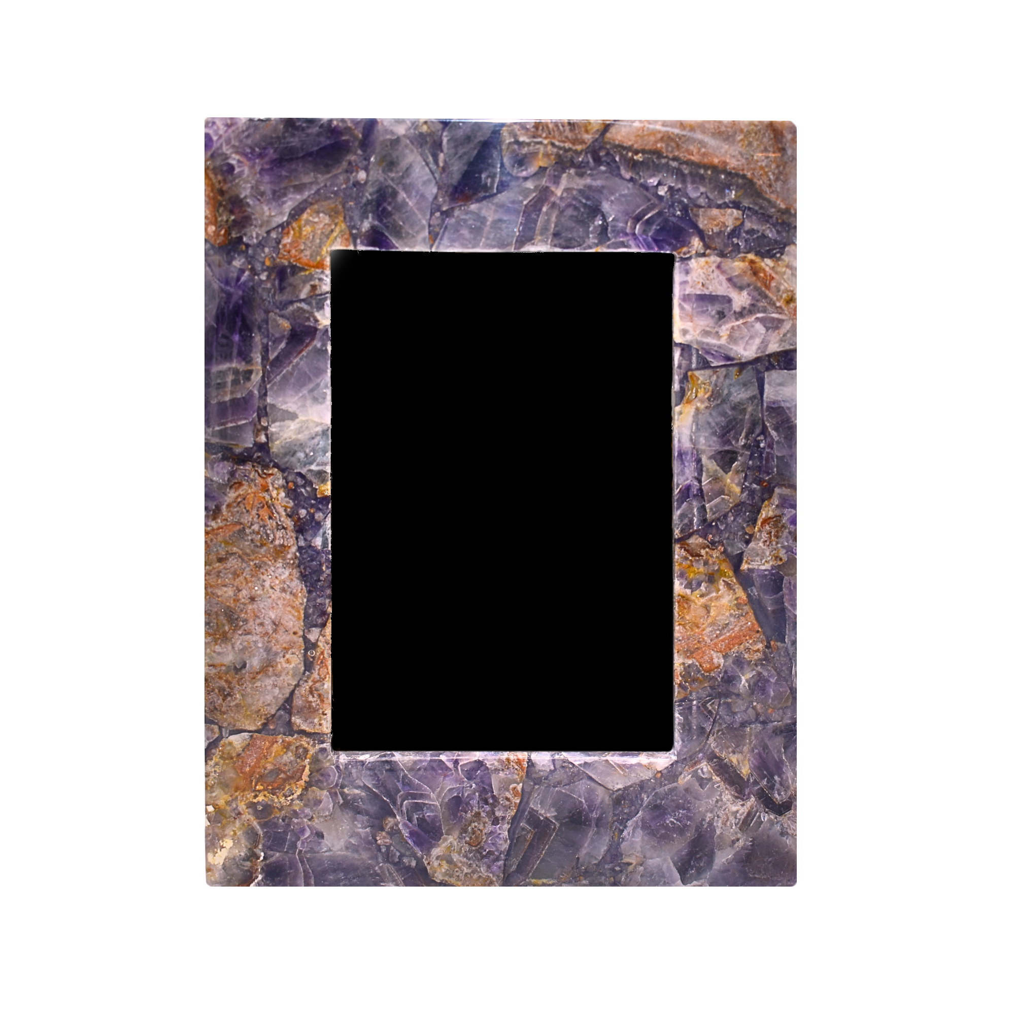 A collection of elegant gemstone picture frames in various sizes featuring amethyst, grey agate, rose quartz, and white quartz borders.