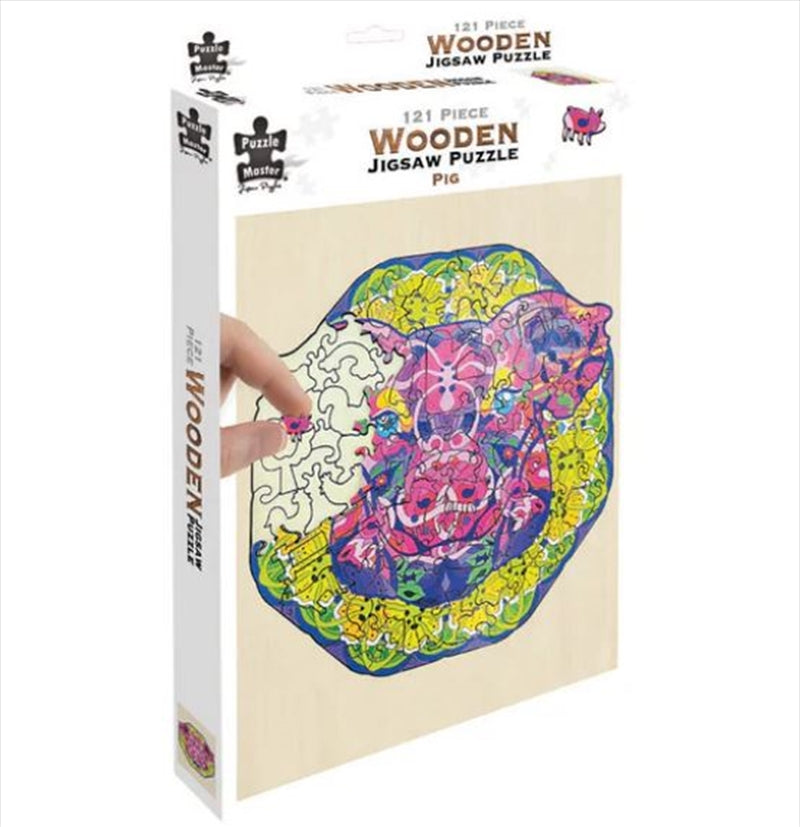 A colorful wooden puzzle featuring a charming pig design with 121 pieces, perfect for display and entertainment.