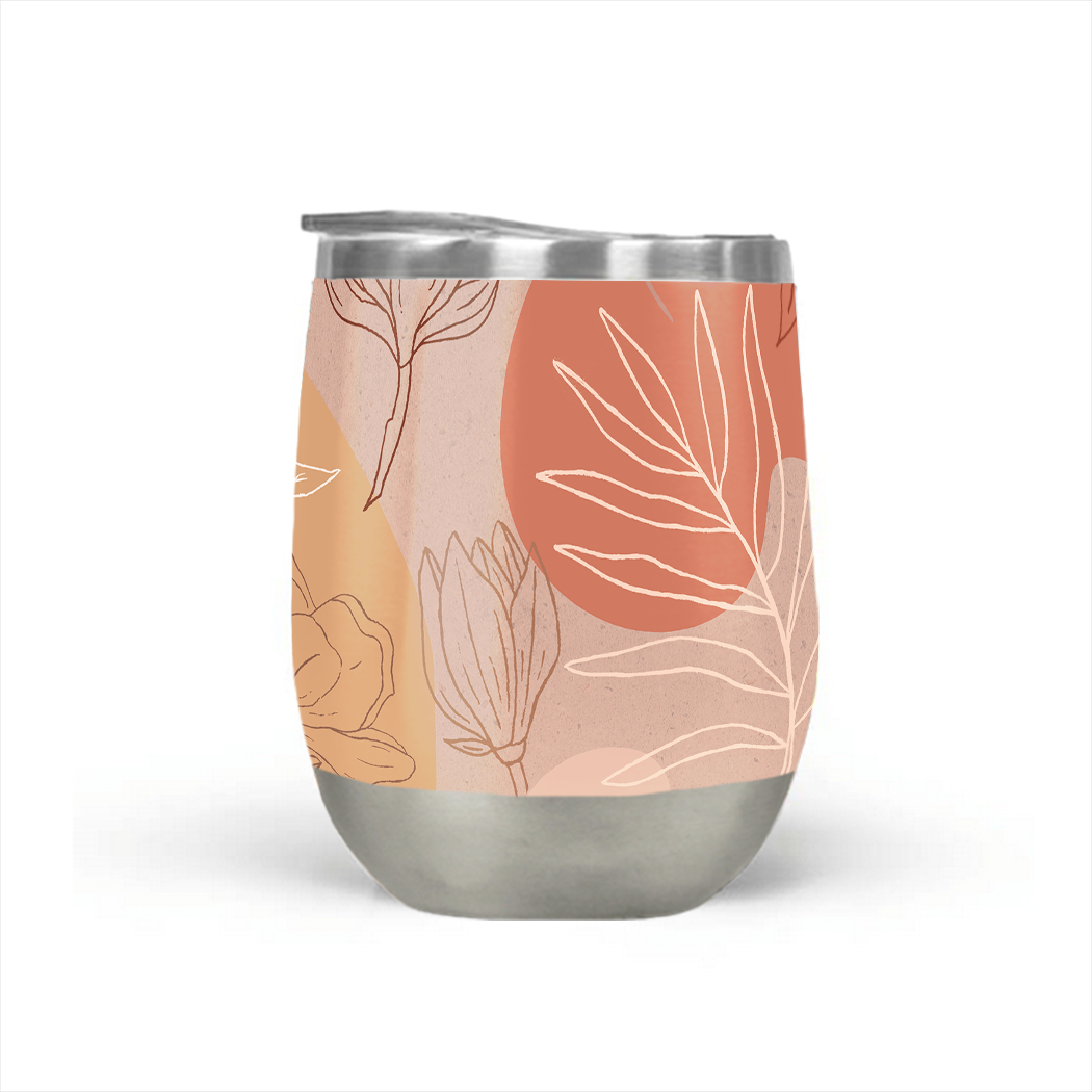 A stylish pink abstract desert wine tumbler made of stainless steel, featuring a double-wall design and a plastic lid, perfect for outdoor use.