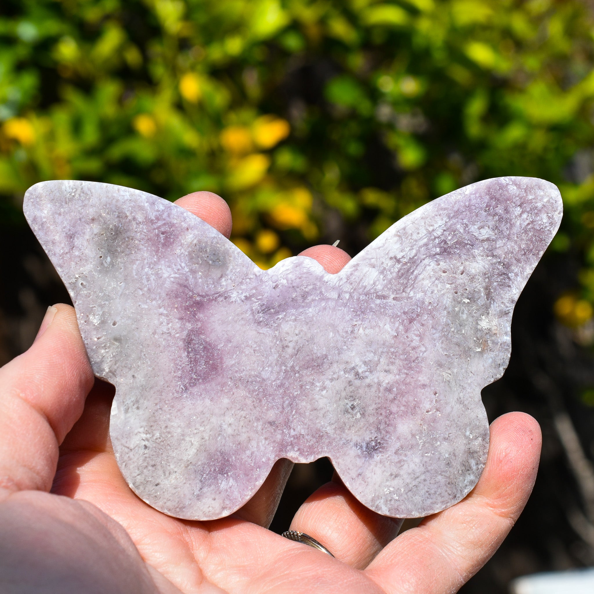 Handmade Pink Amethyst Butterfly, unique 4x4 decorative piece symbolizing transformation.