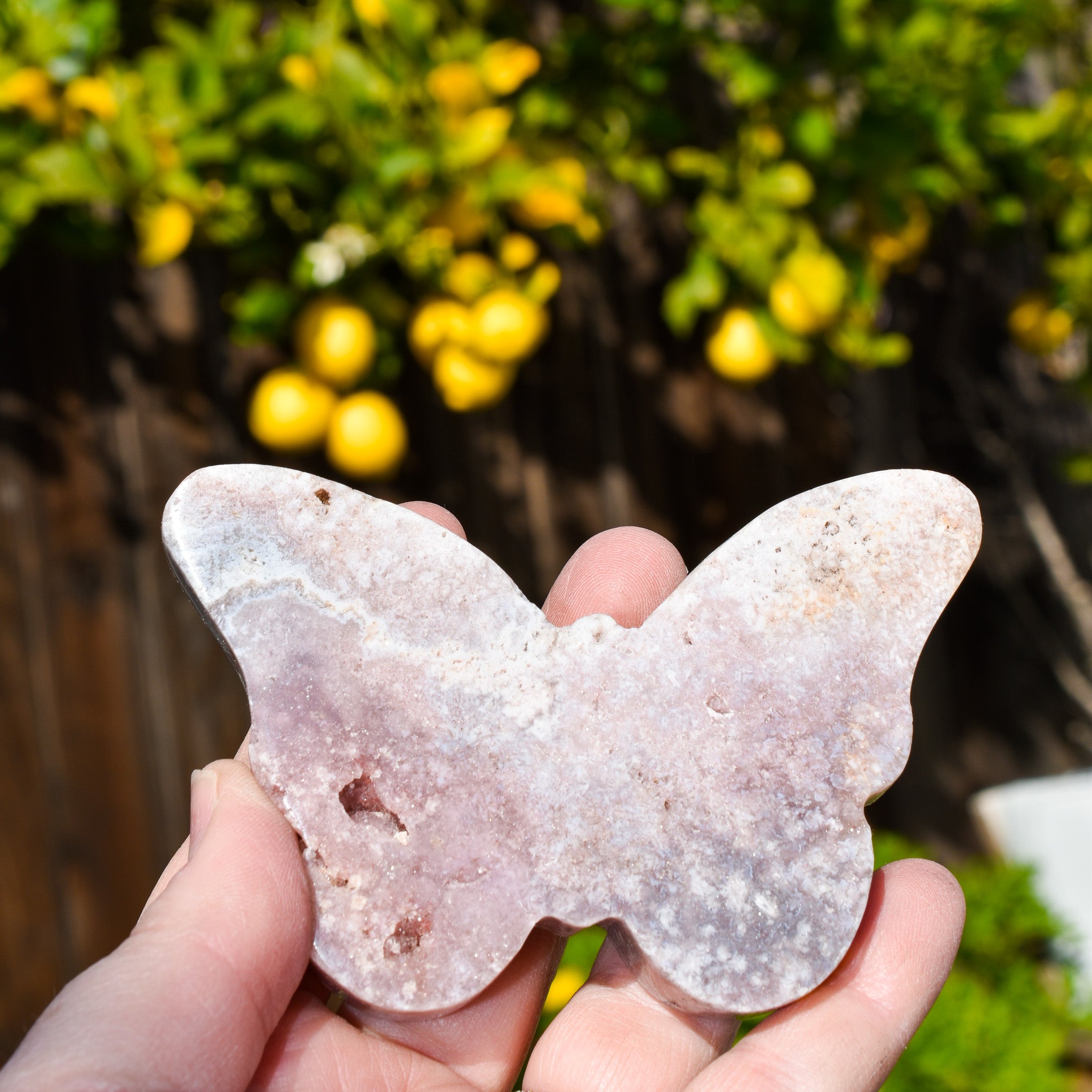 Handmade Pink Amethyst Butterfly, unique 4x4 decorative piece symbolizing transformation.